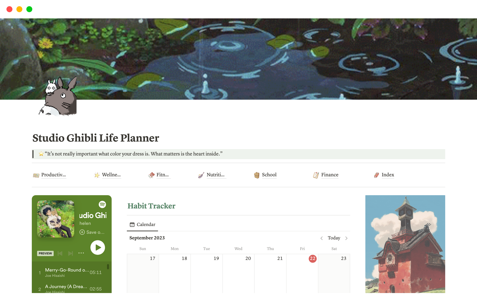 A template preview for Studio Ghibli Life Planner Notion Template
