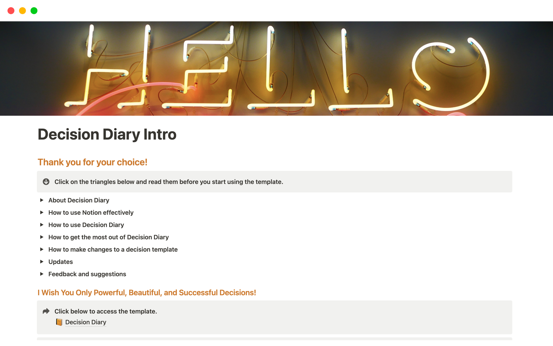 A template preview for Decision Diary Intro