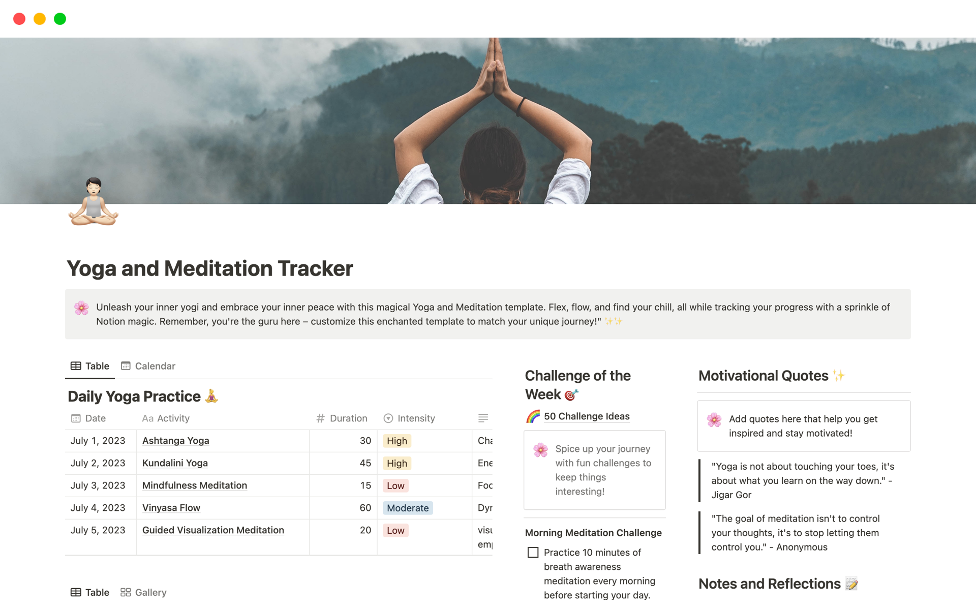 A template preview for Yoga and Meditation Tracker