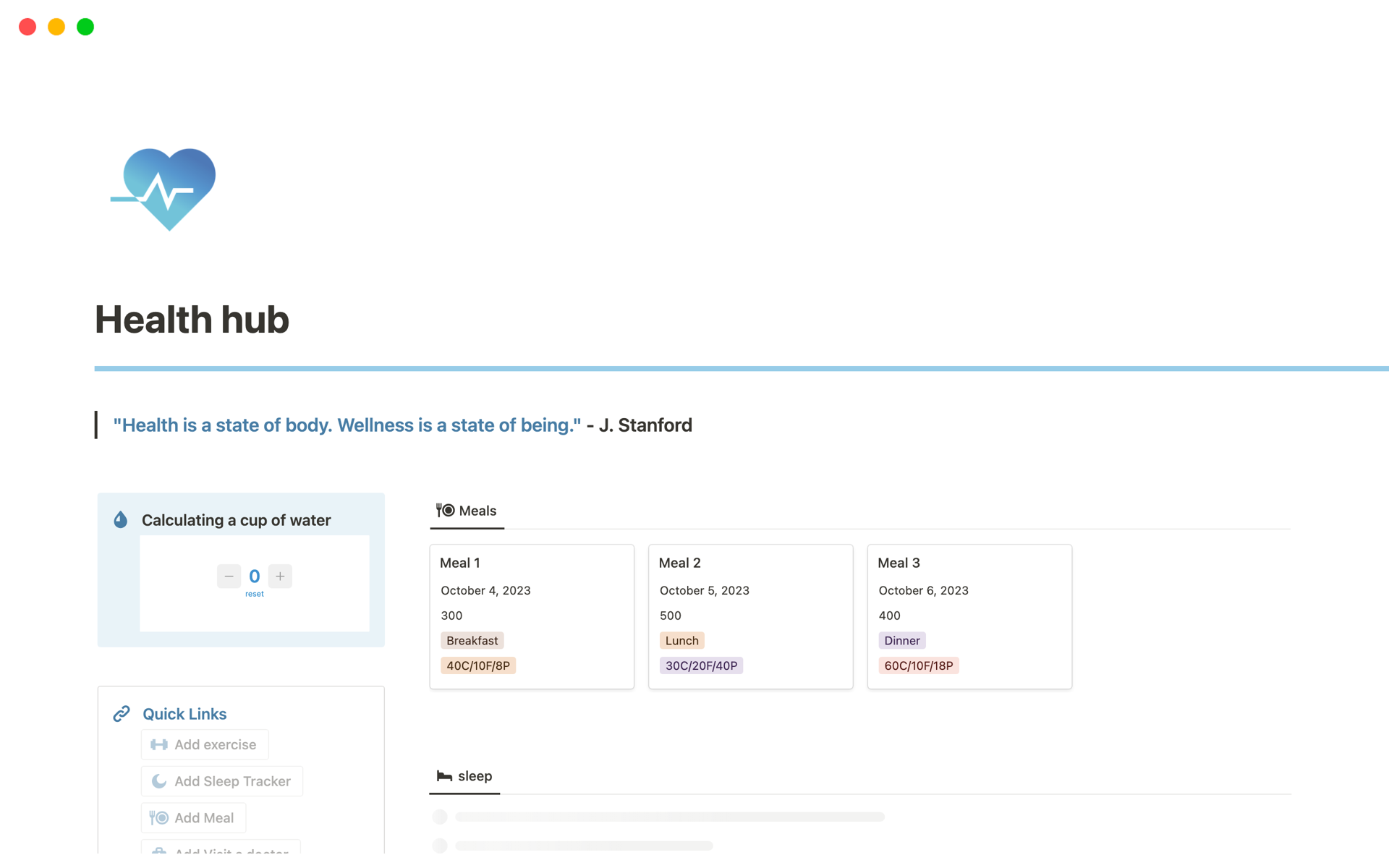 Galeria de modelos do Notion — Health hub