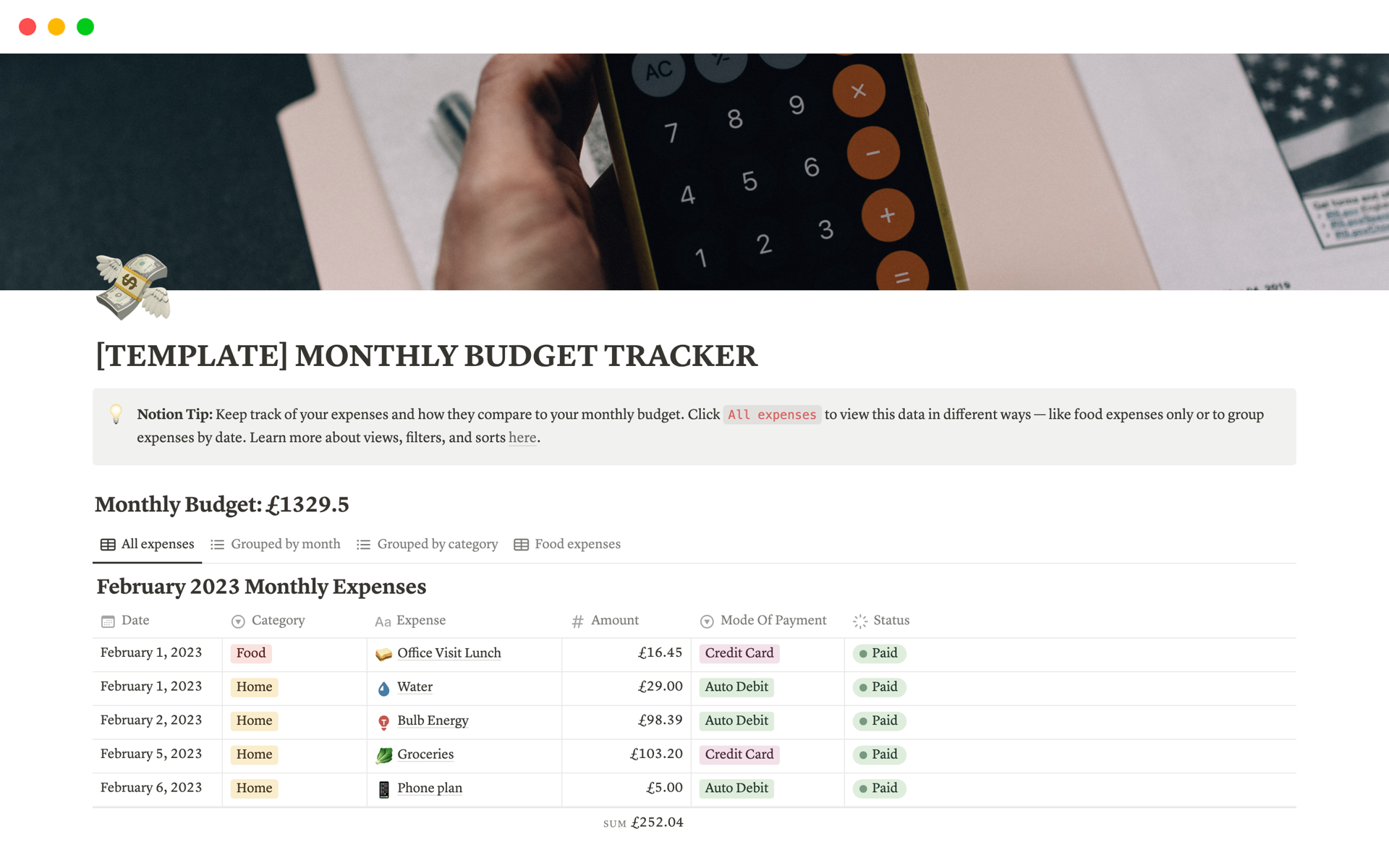 Monthly Budget Tracker | Notion Template
