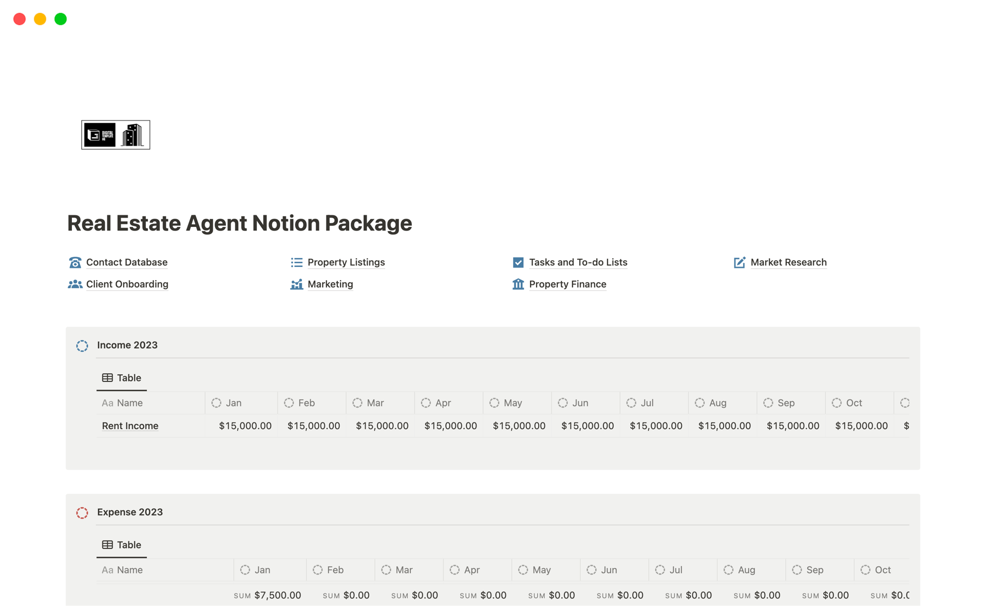 Real Estate Agent Notion Packageのテンプレートのプレビュー