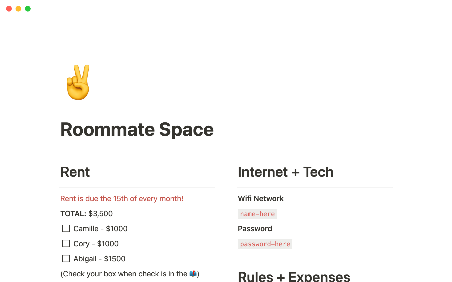 A template preview for Roommate space