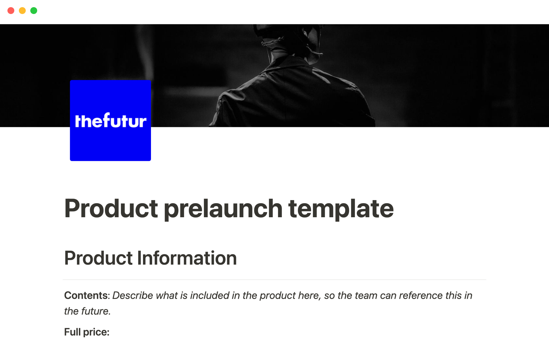 A template preview for Product prelaunch
