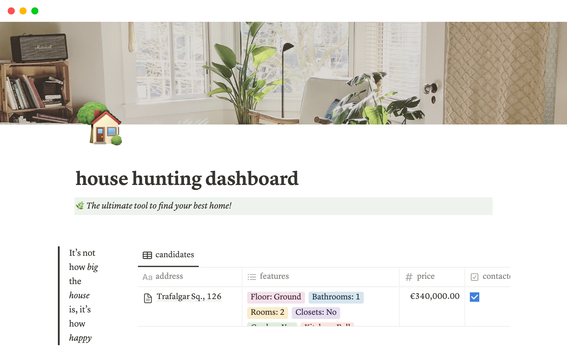 A template preview for house hunting dashboard