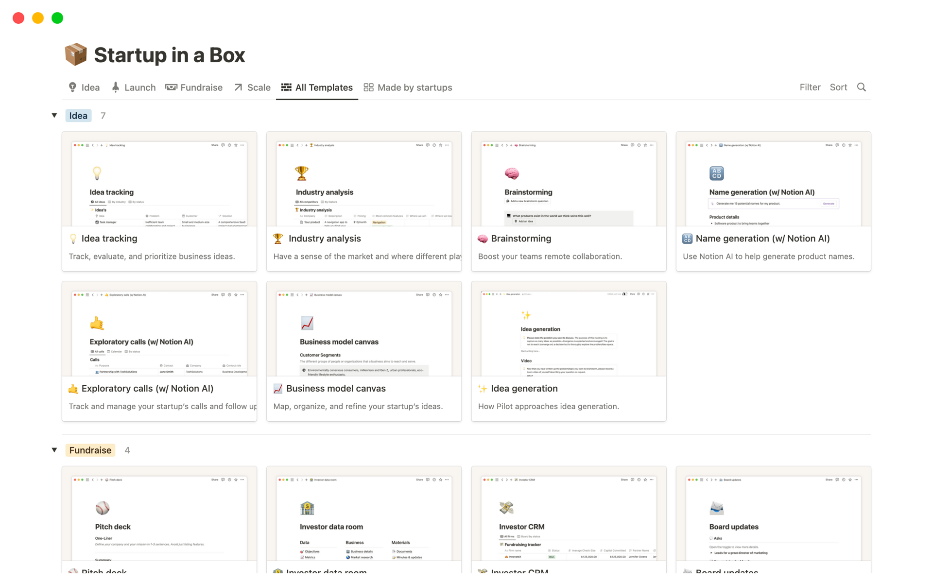 A template preview for Startup in a Box