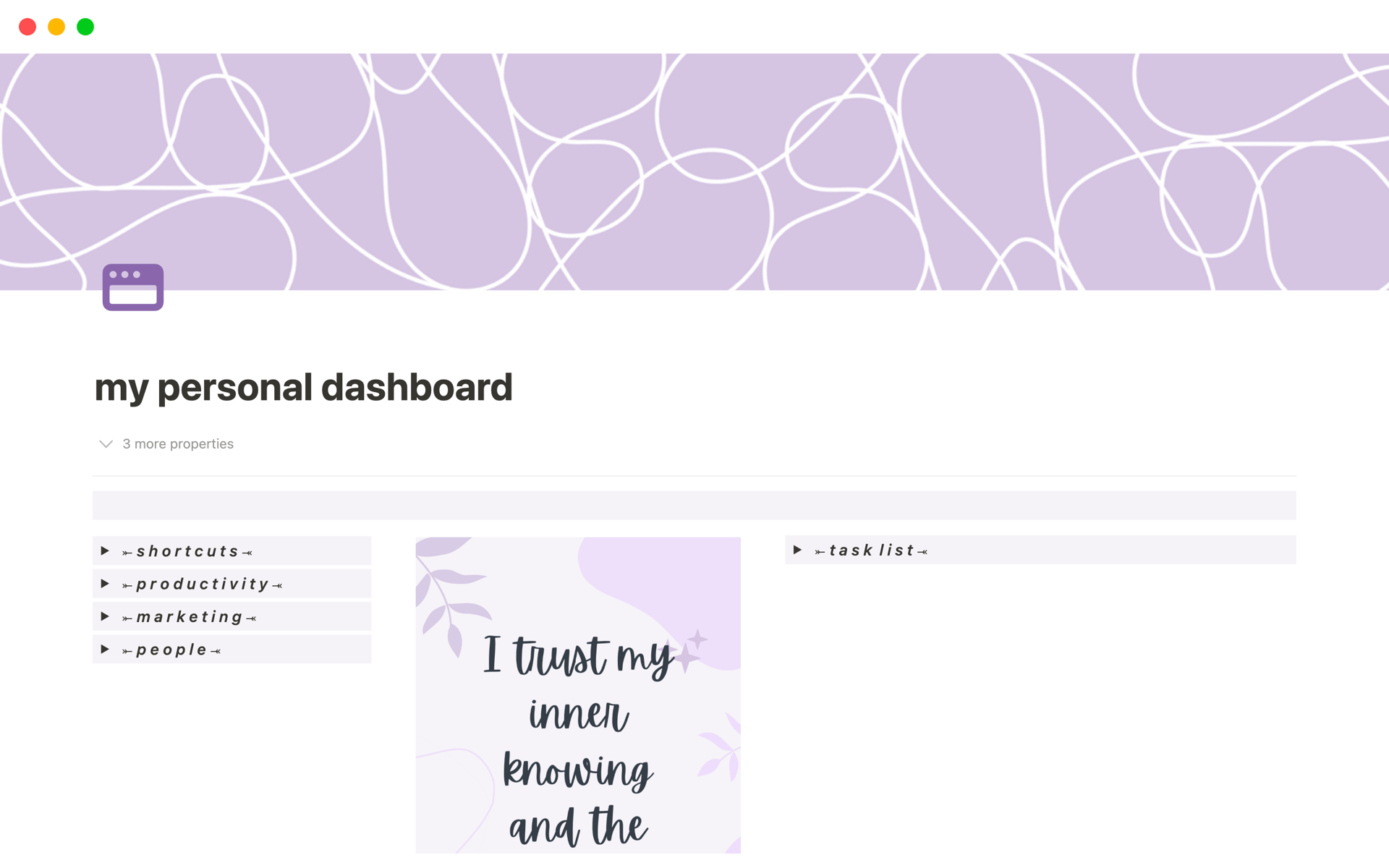 A template preview for personal dashboard template