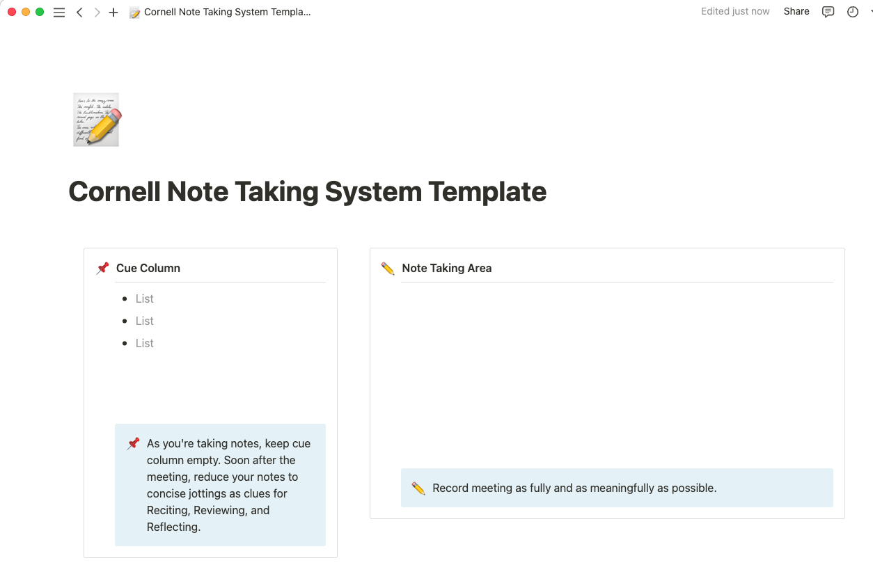 Cornell note taking system template