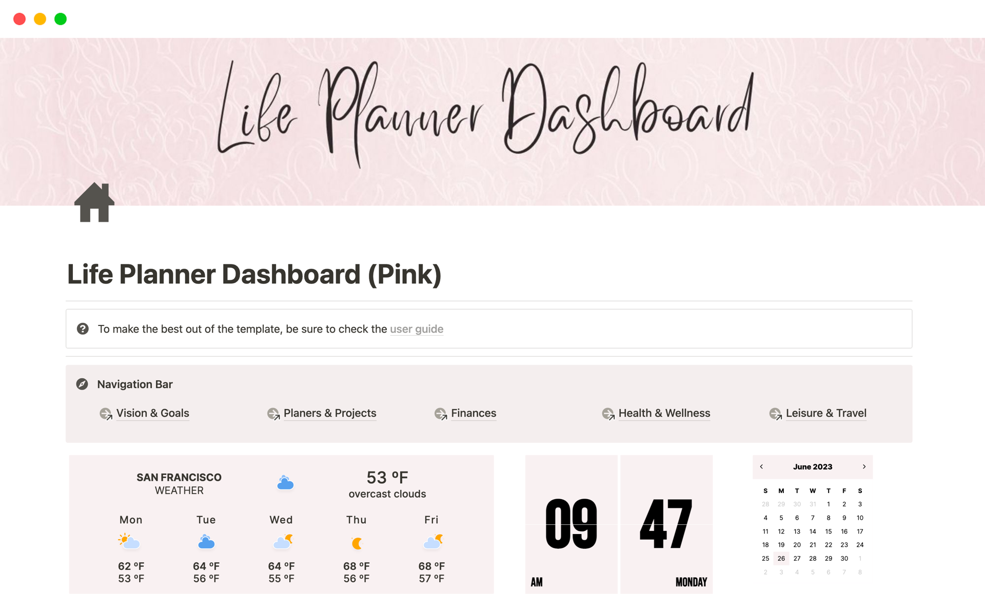 A template preview for Life Planner Dashboard (Pink)