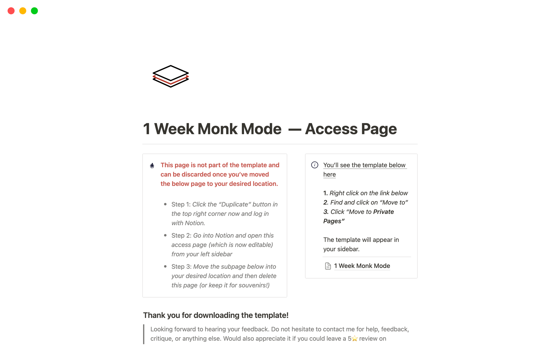 A template preview for Notion Monk Mode Planner
