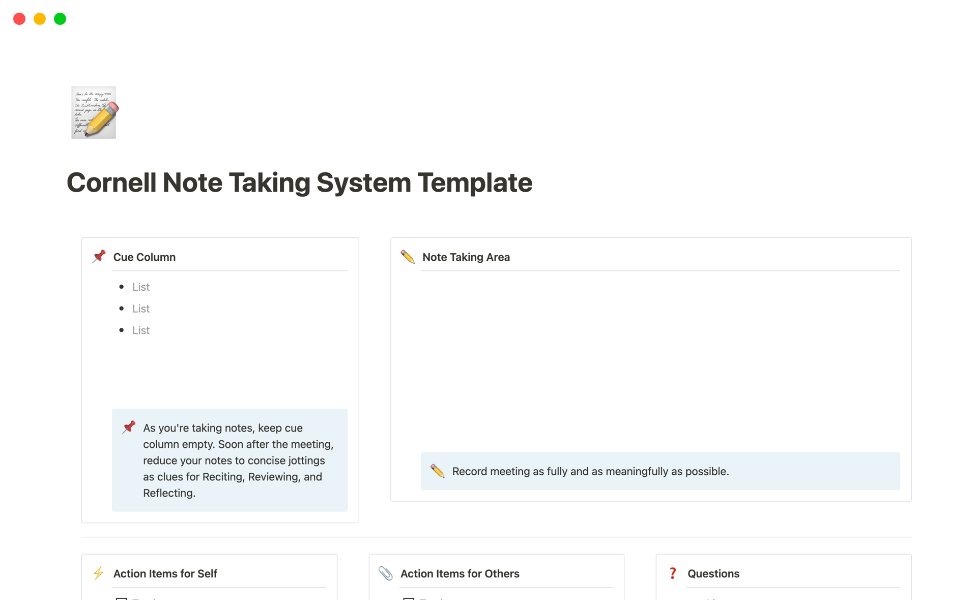 A template preview for Cornell Note-Taking System