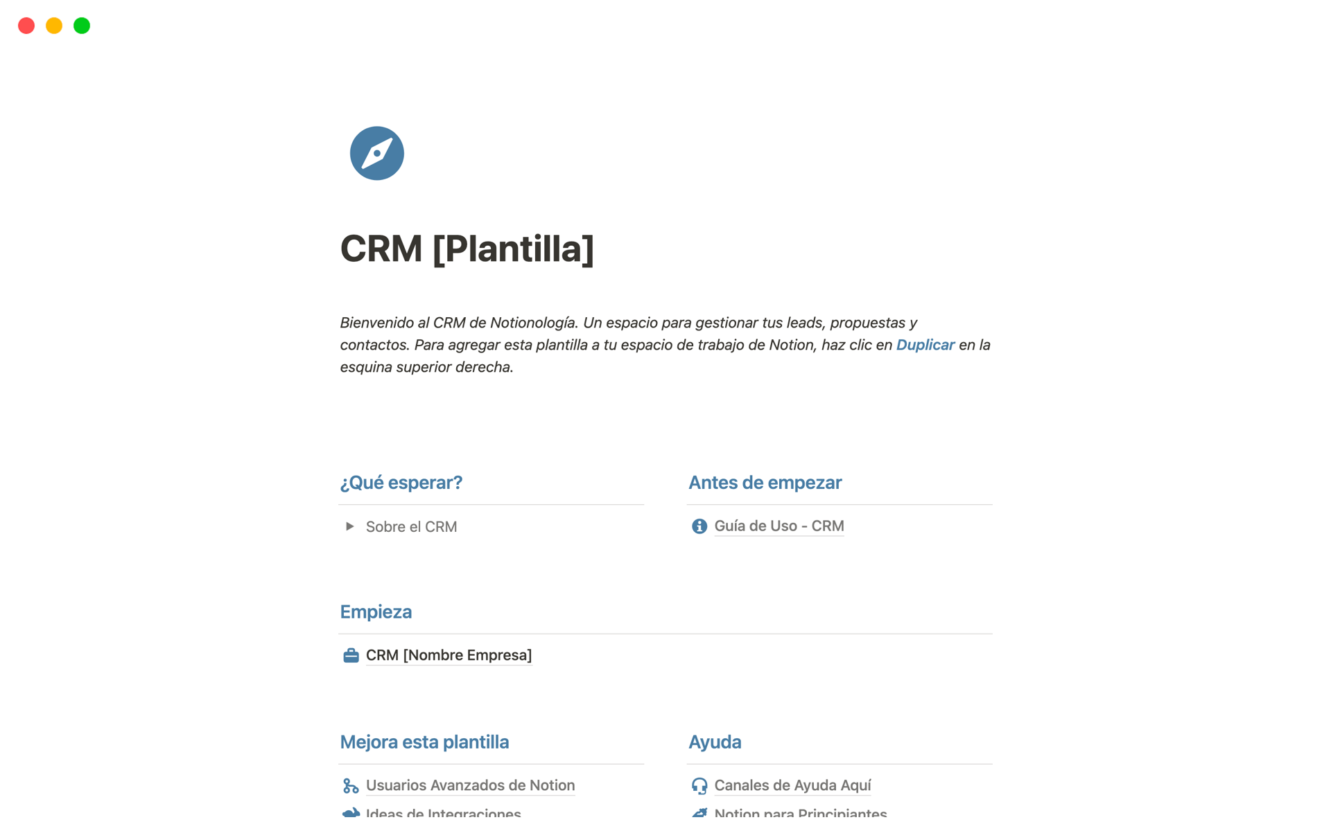 A template preview for CRM en Notion