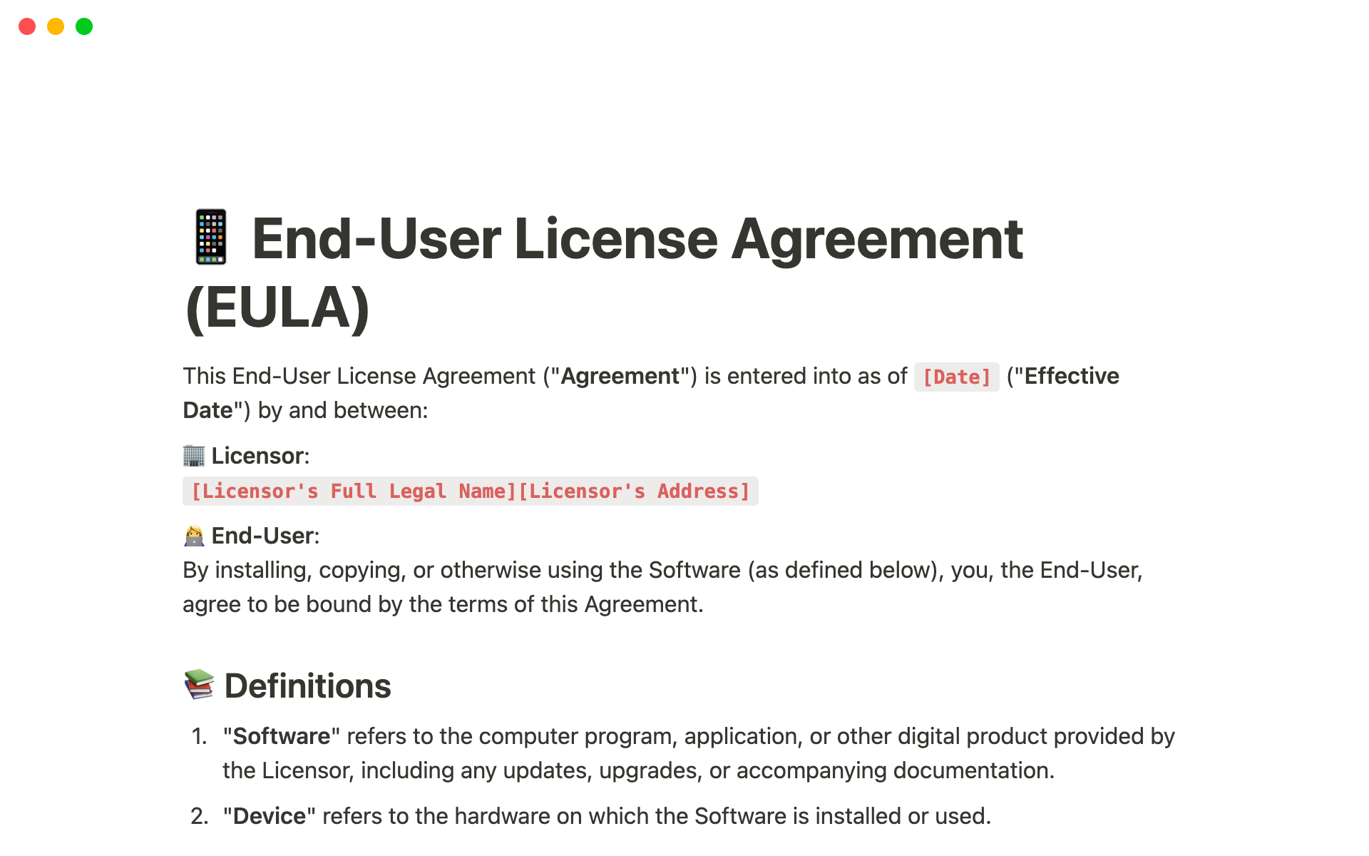 A template preview for End-User License Agreement (EULA)