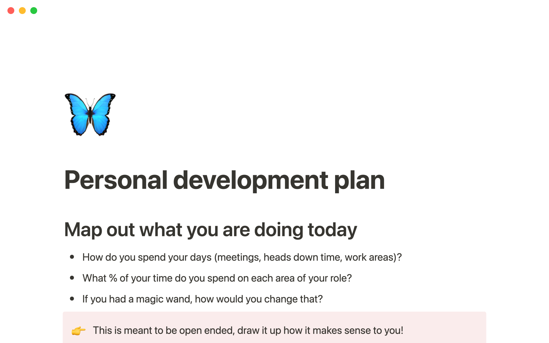 A template preview for Personal development plan