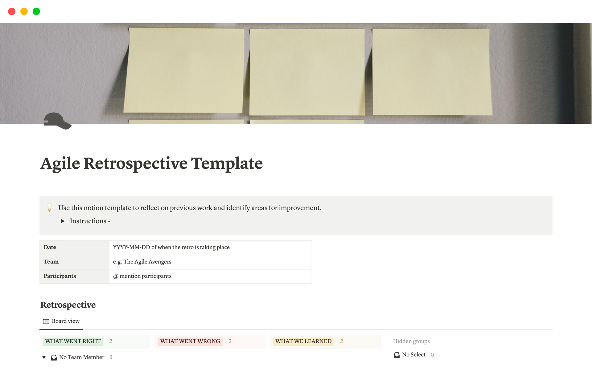 A template preview for Agile Retrospective Template