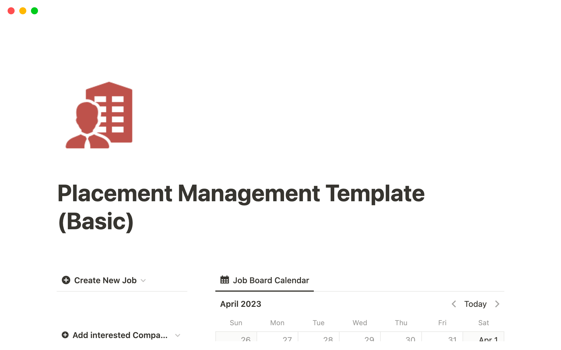 A template preview for Placement Management Template