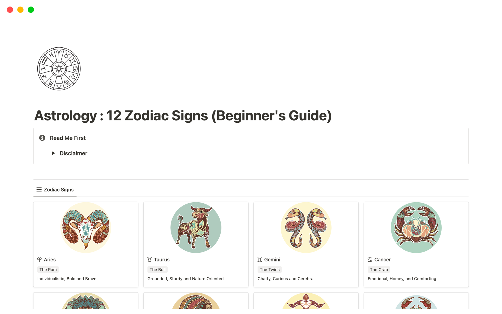 Notion (노션) 템플릿 갤러리 Astrology 12 Zodiac Signs (Beginner's Guide)