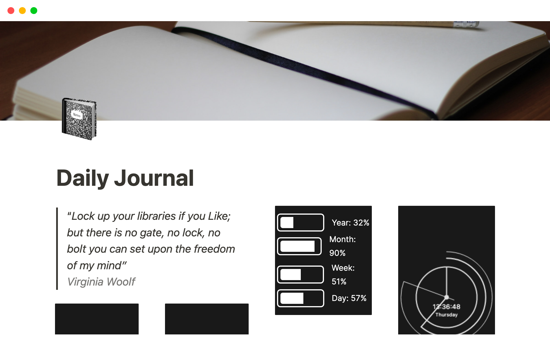 The personal diary template for Notion helps track daily activities, goals, and progress with customizable pages for scheduling, to-do lists, gratitude journaling, habit tracking, and progress monitoring. It has an elegant and user-friendly design.