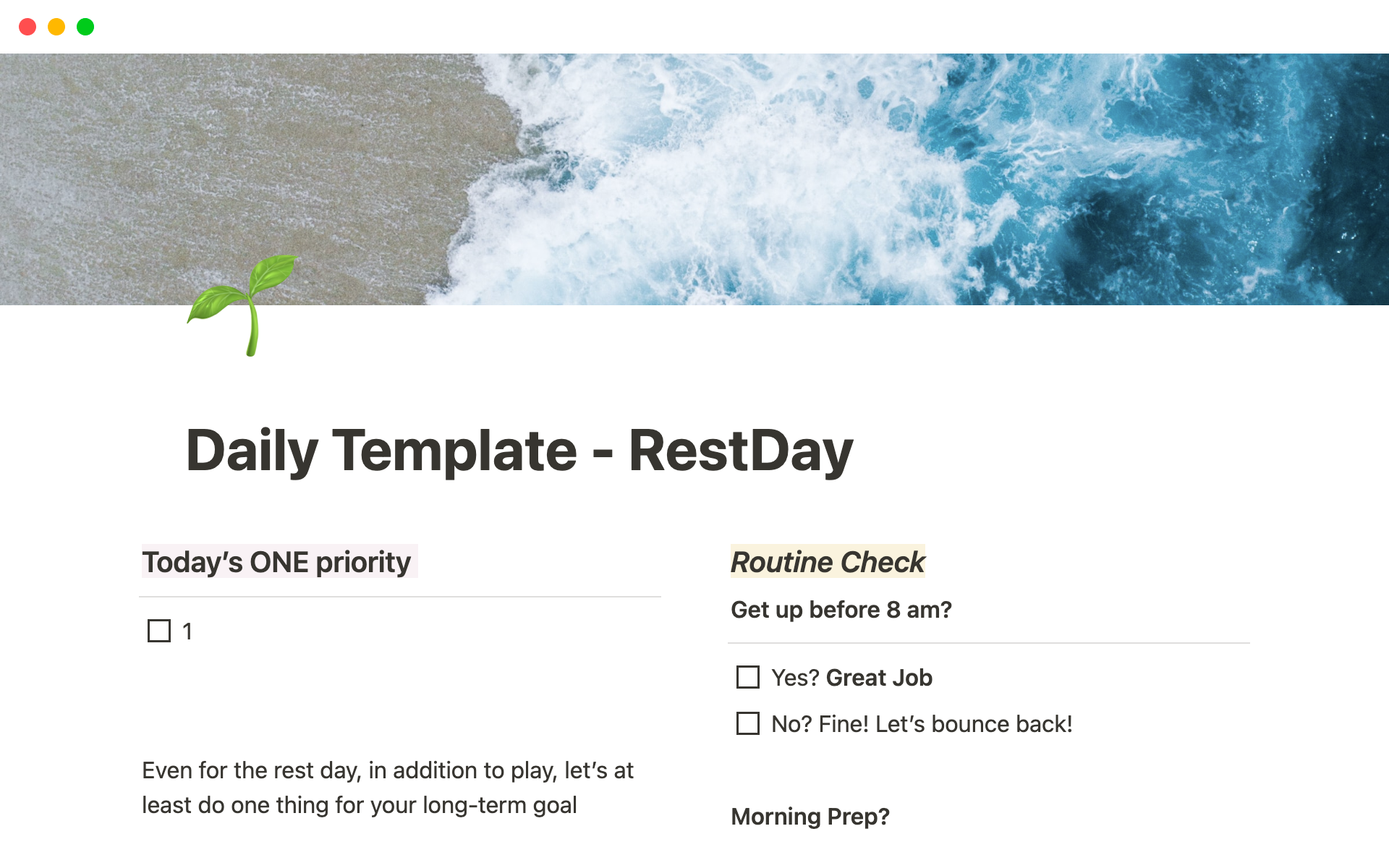 A template preview for Rest day planner