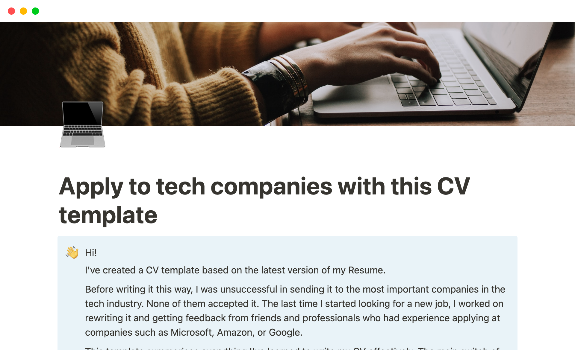 A template preview for CV template to apply to tech companies