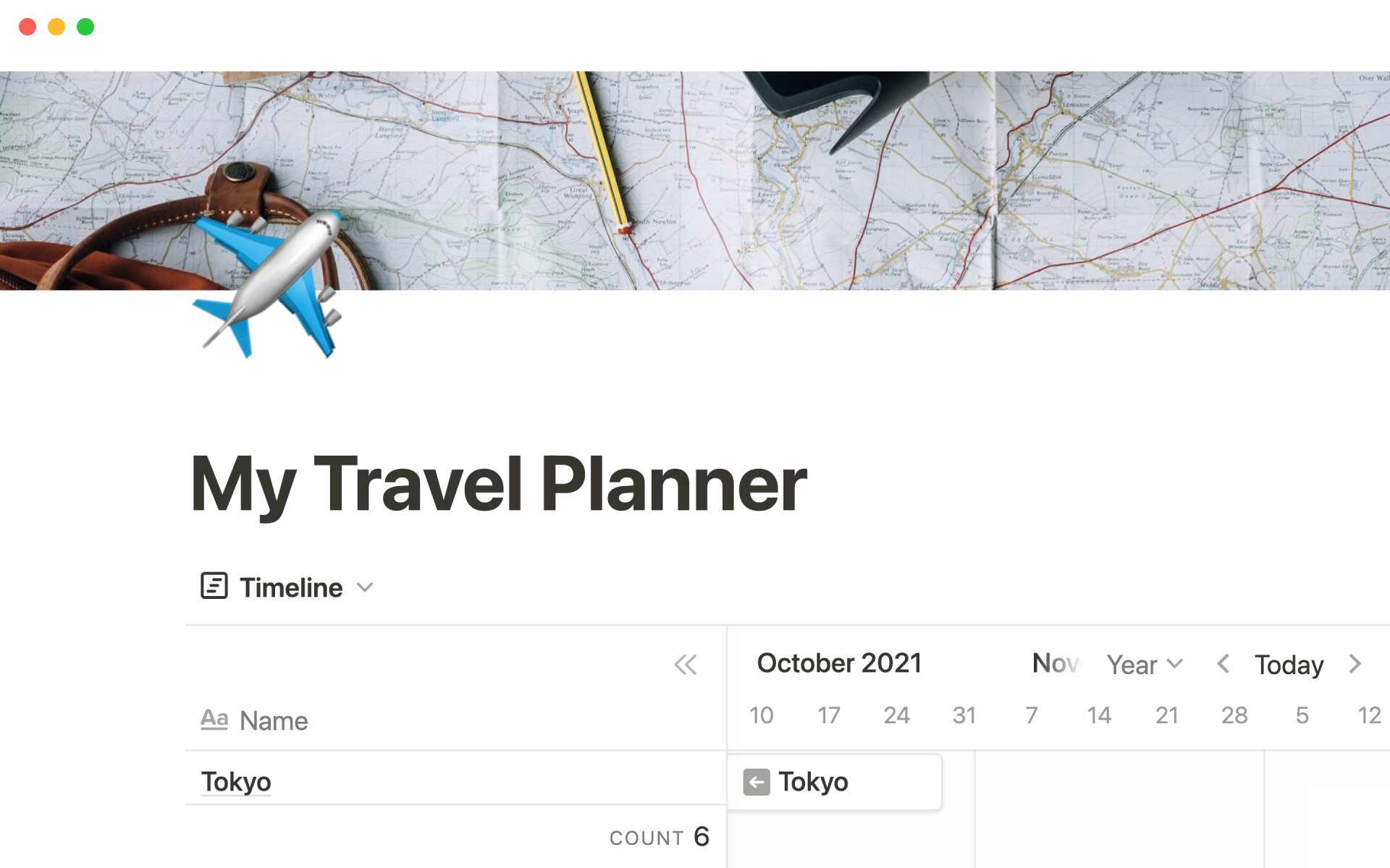 A template preview for My travel planner