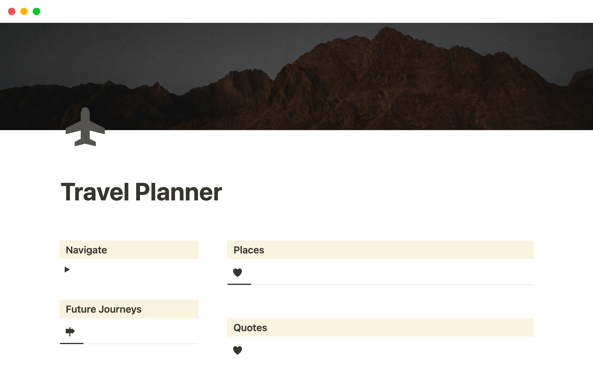Eine Vorlagenvorschau für Digital Travel Planner: Notion Template for Productive Trip Organization, Itinerary Tracking, and Travel Productivity