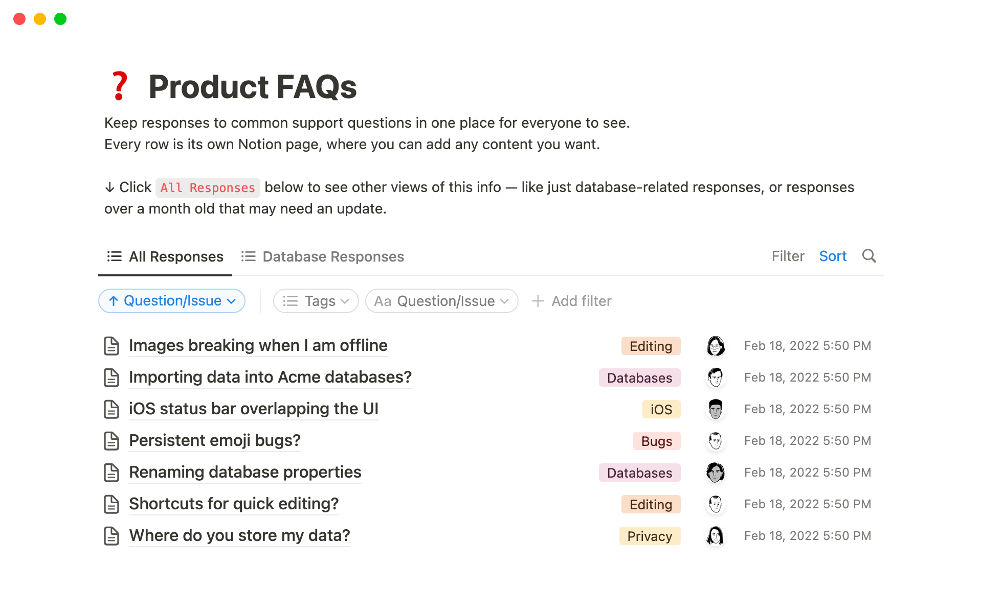 A template preview for Product FAQs