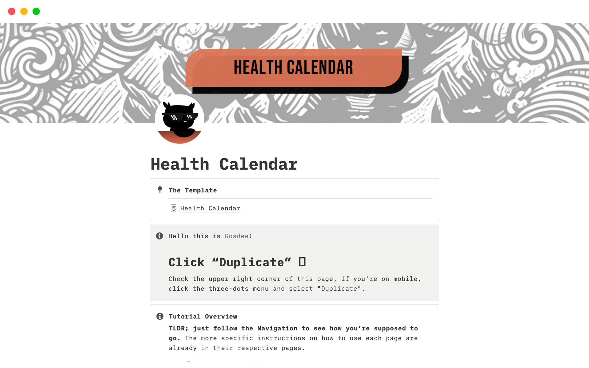 A template preview for Health Calendar
