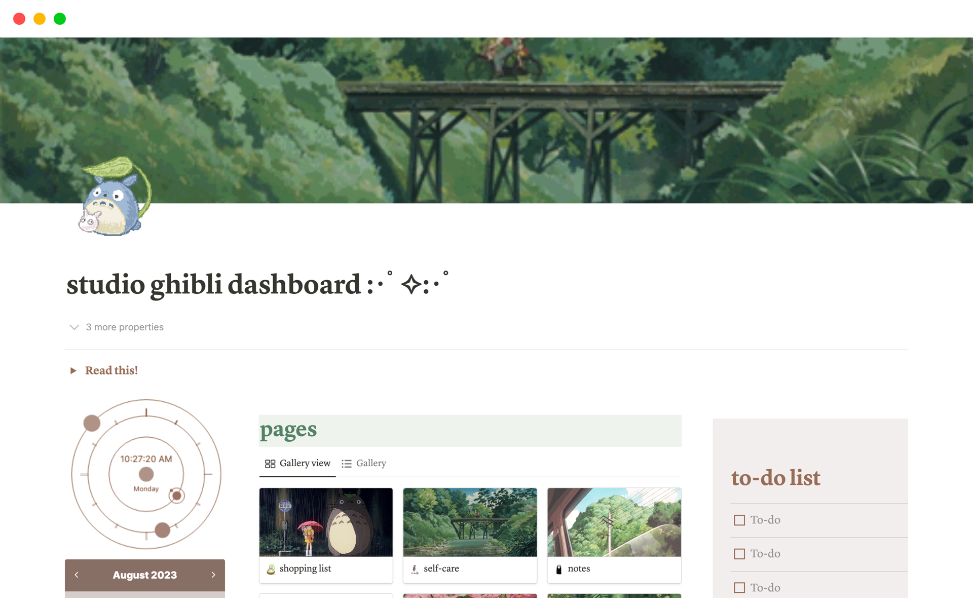 A template preview for Studio Ghibli Notion Dashboard