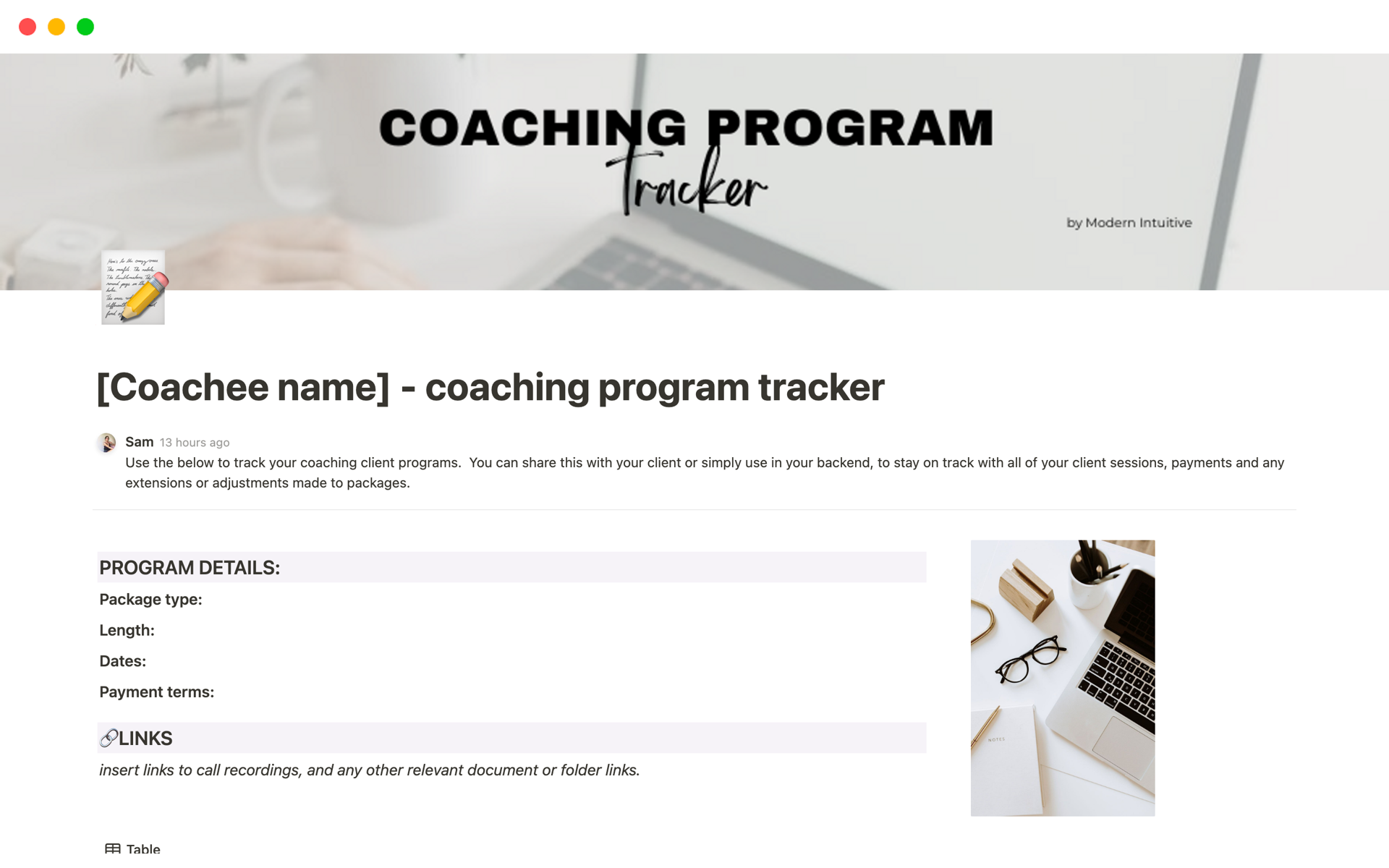 A template preview for Coaching program tracker