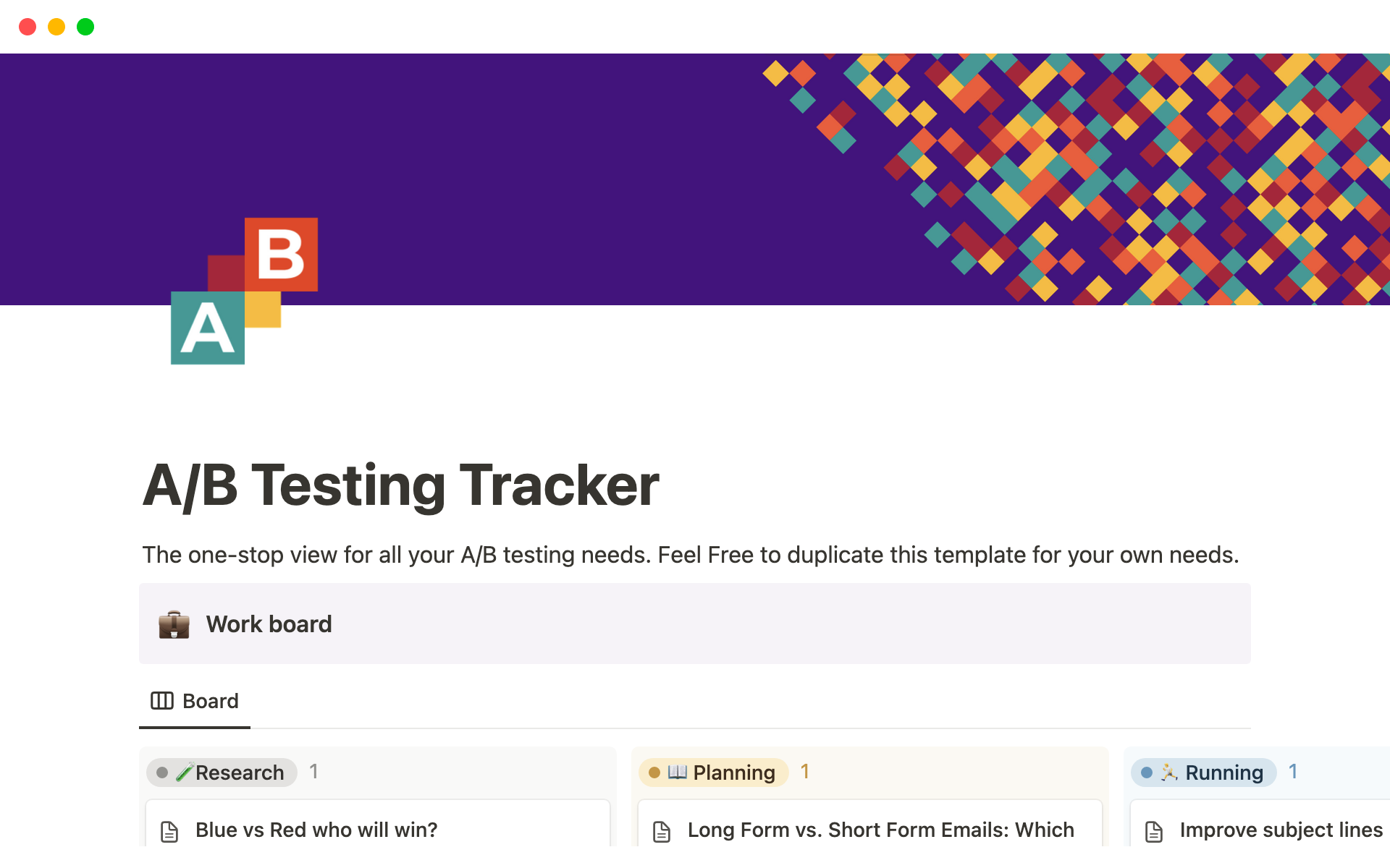 A template preview for A/B Testing Tracker