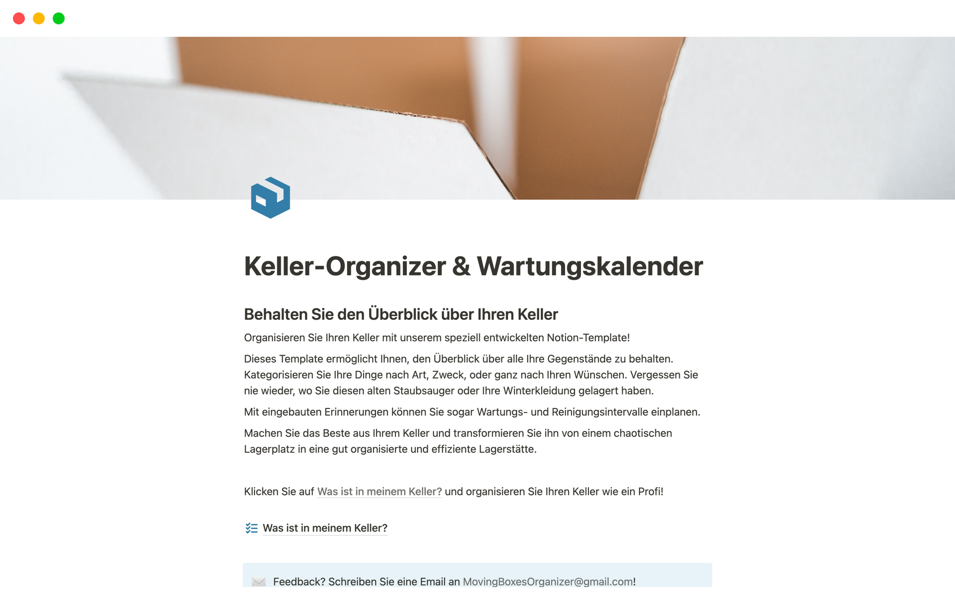A template preview for Keller-Organizer & Wartungskalender