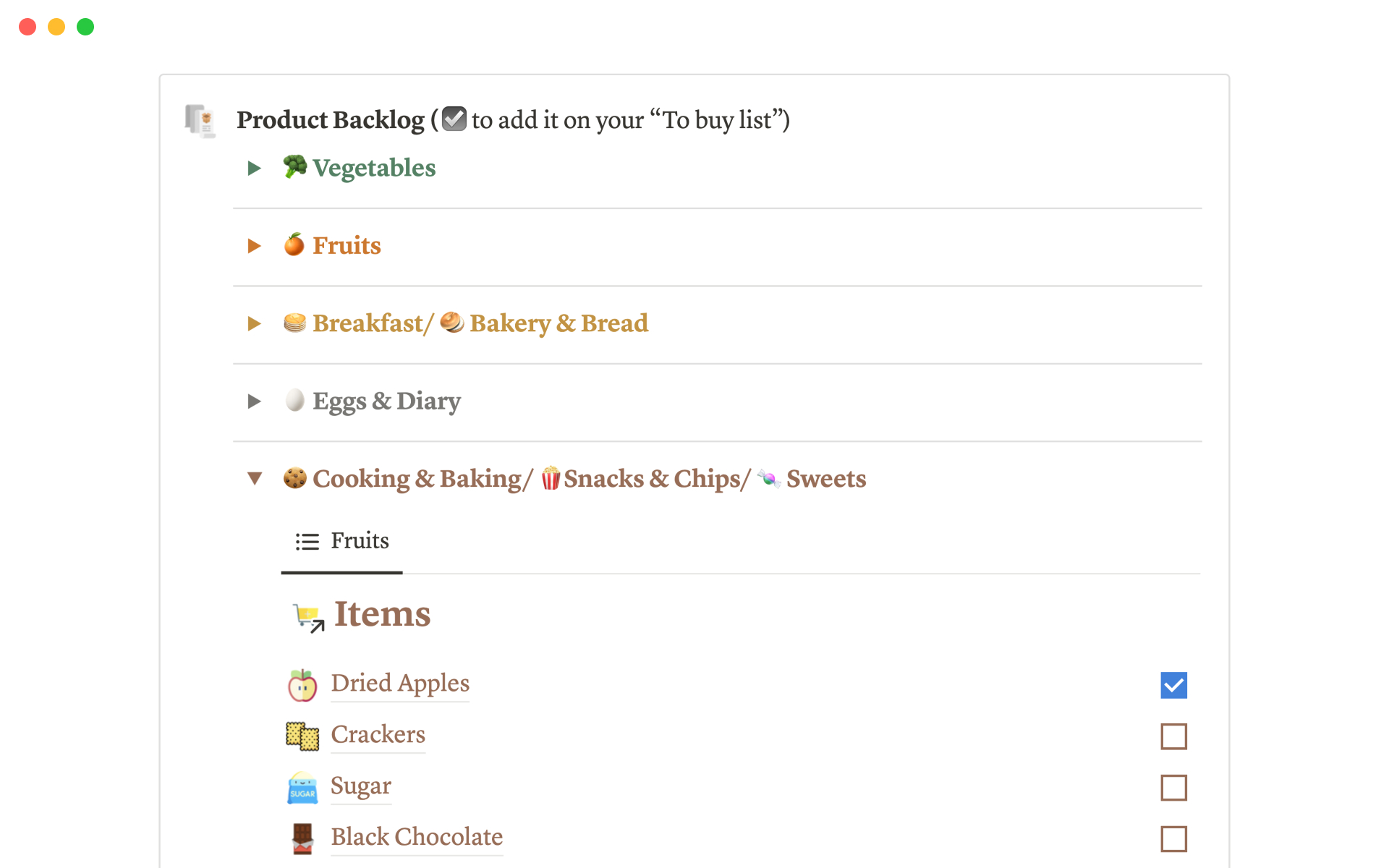 Quickly make a grocery list by checking off items you need to buy.
