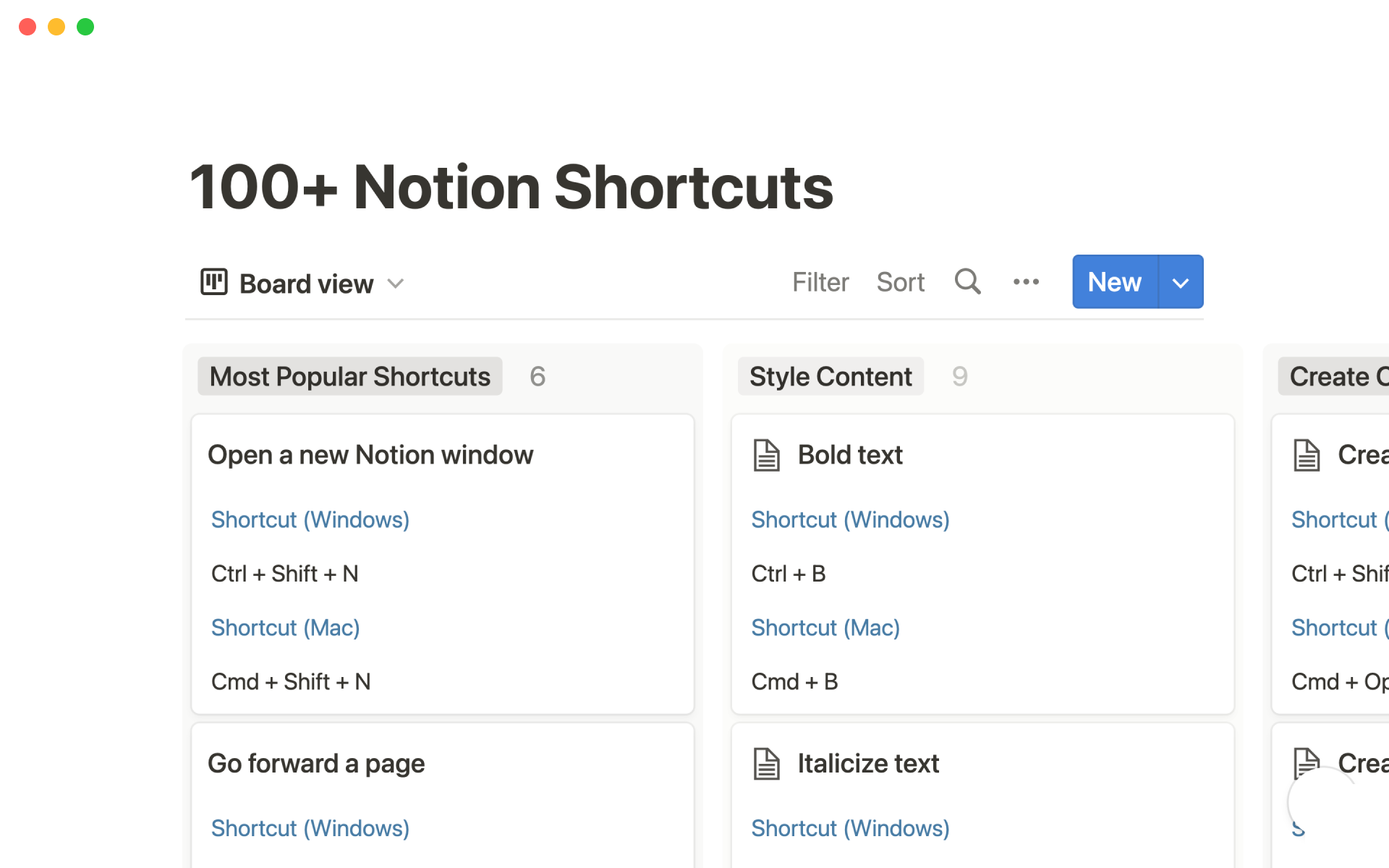 A template preview for 100+ Notion shortcuts database