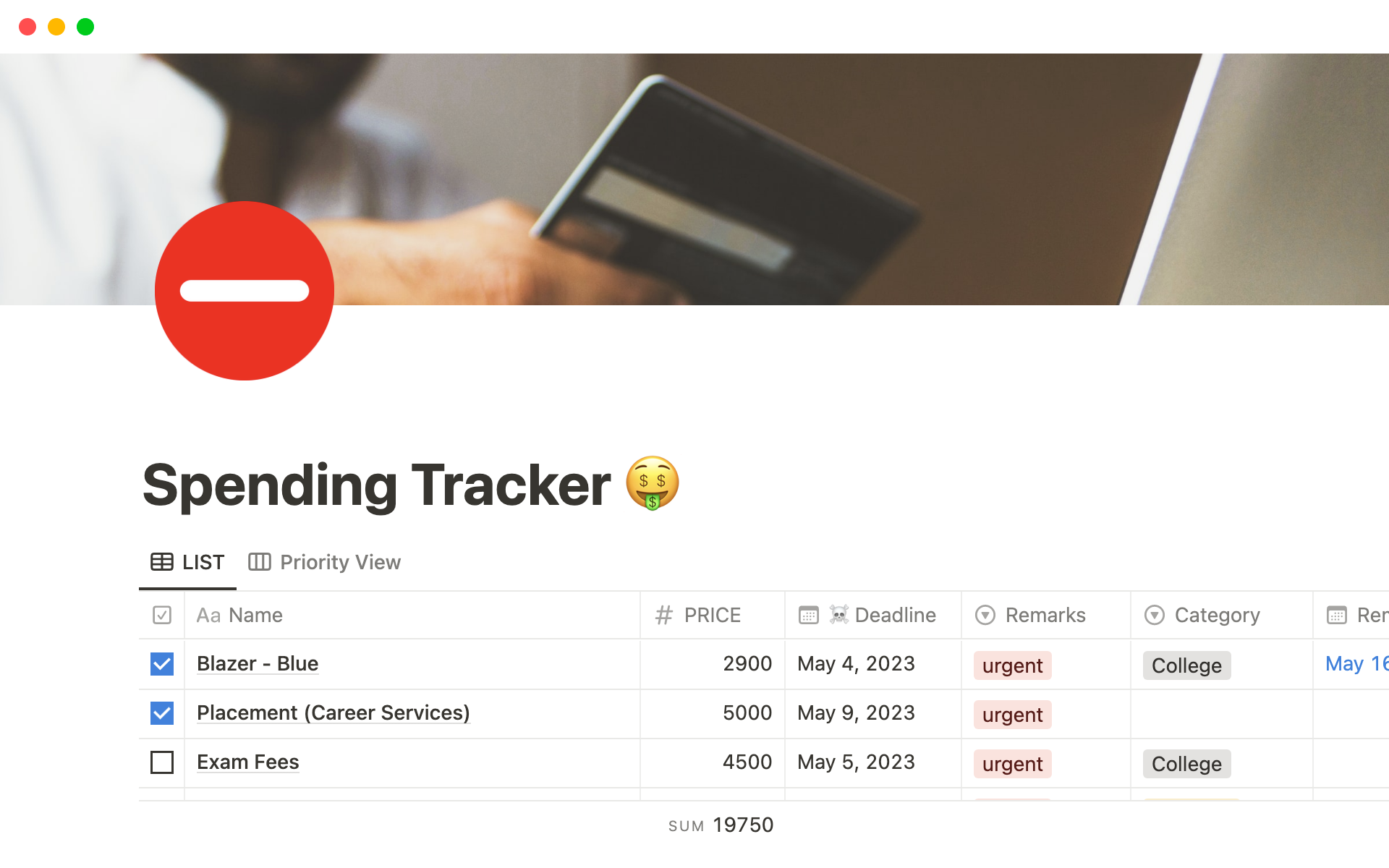 Spending Trackerのテンプレートのプレビュー