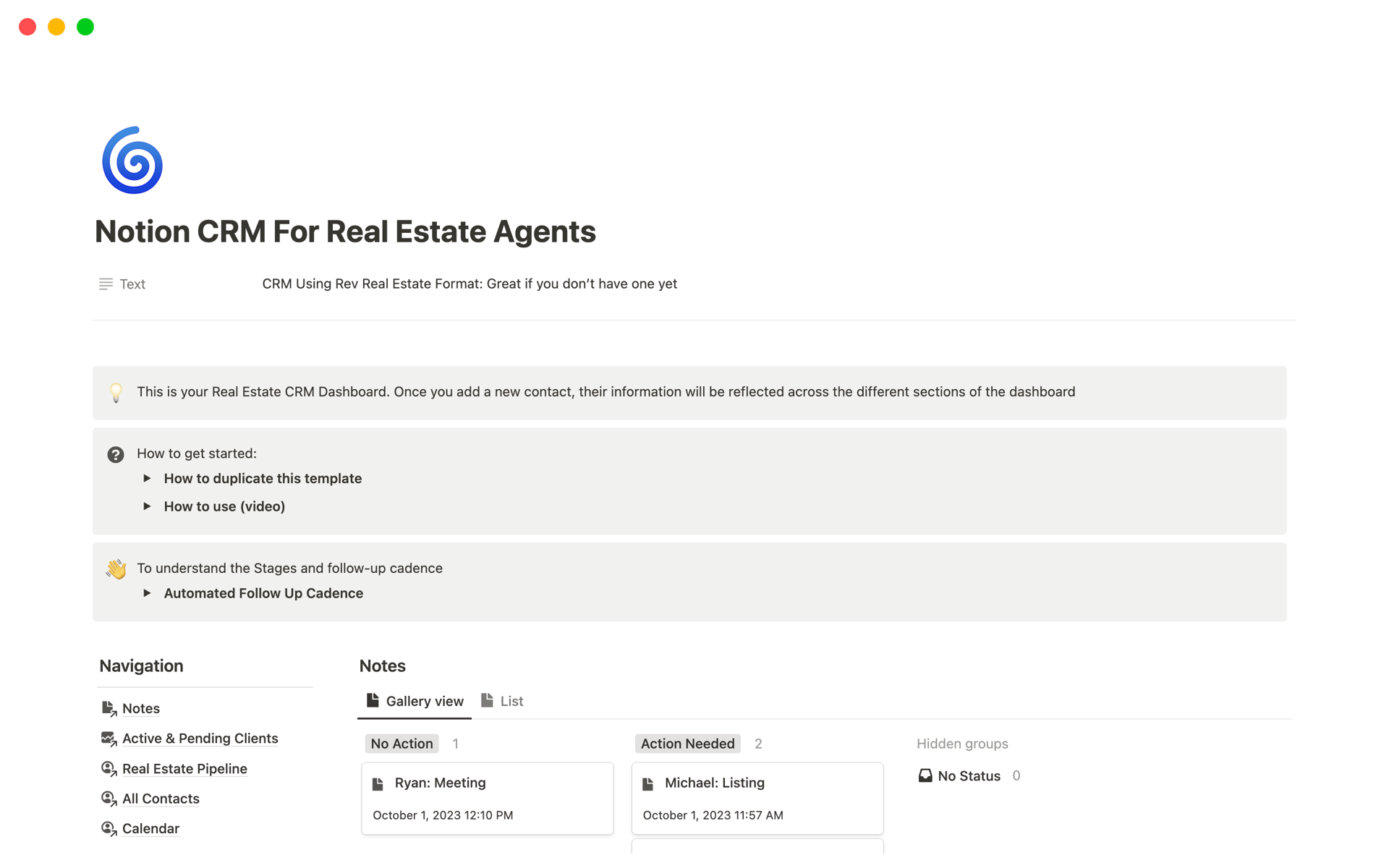 A template preview for Notion CRM For Real Estate Agents