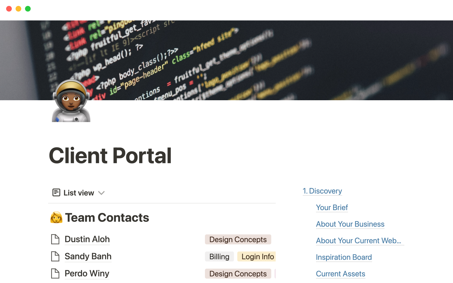 A template preview for Client portal