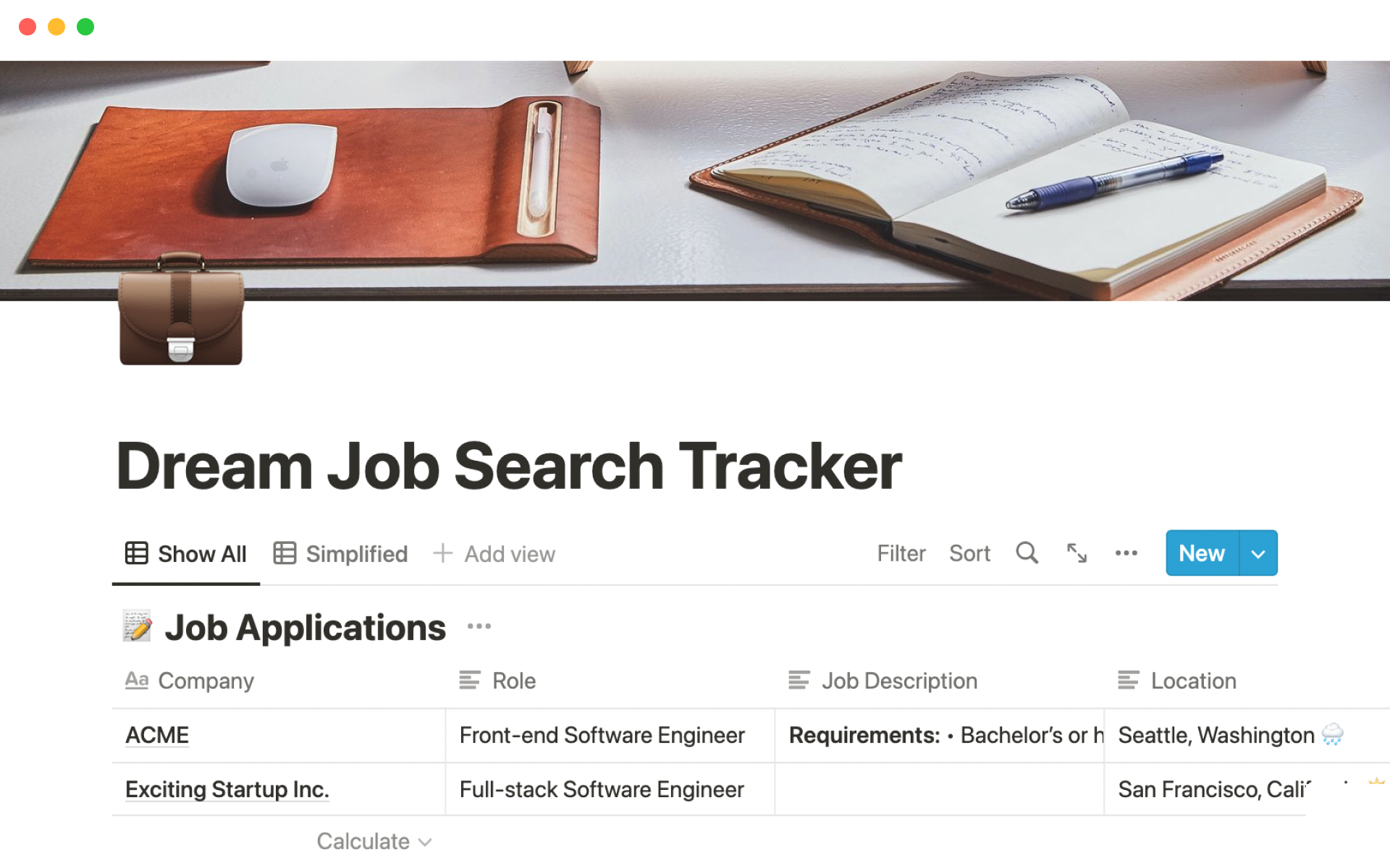 A template preview for Dream job search tracker