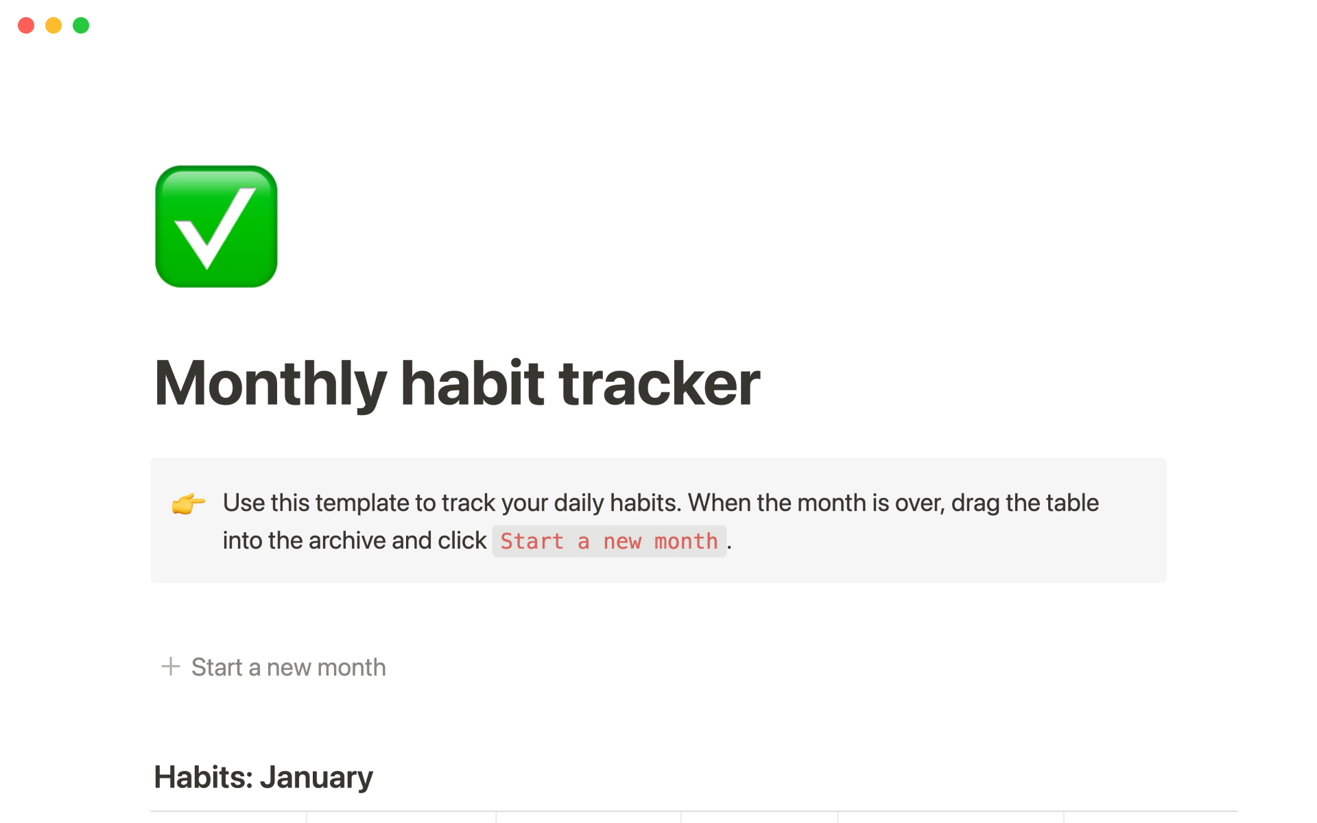 A template preview for Notion's monthly habit tracker
