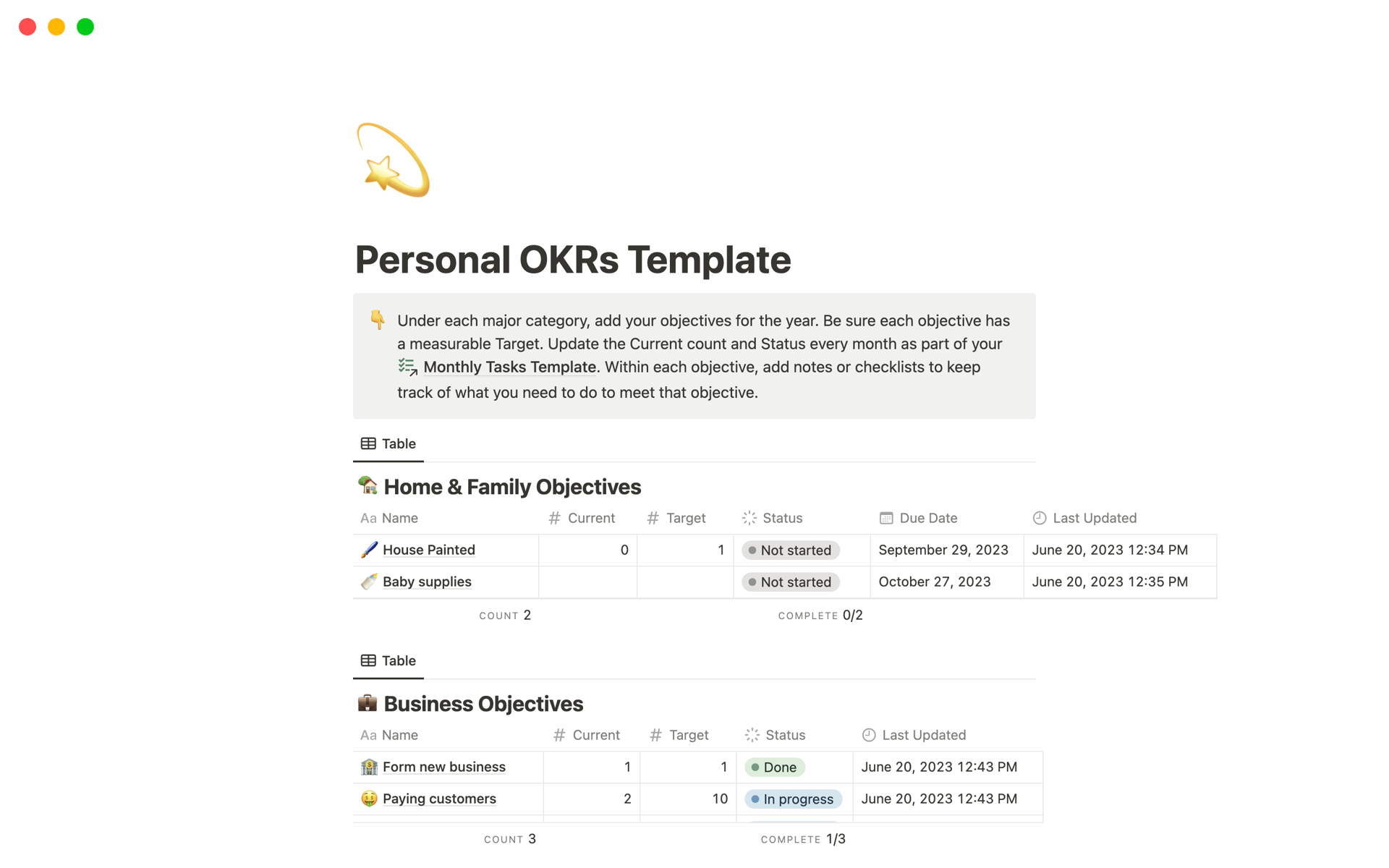 A template preview for Personal OKRs Template