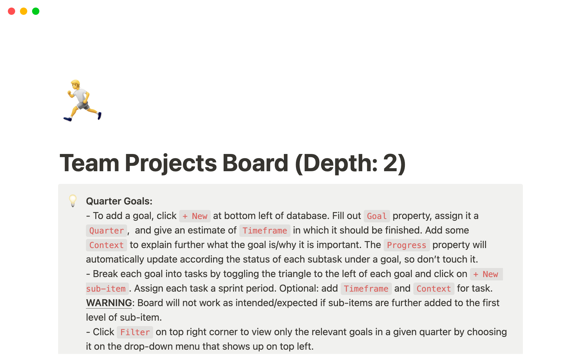 Eine Vorlagenvorschau für Team Projects Board