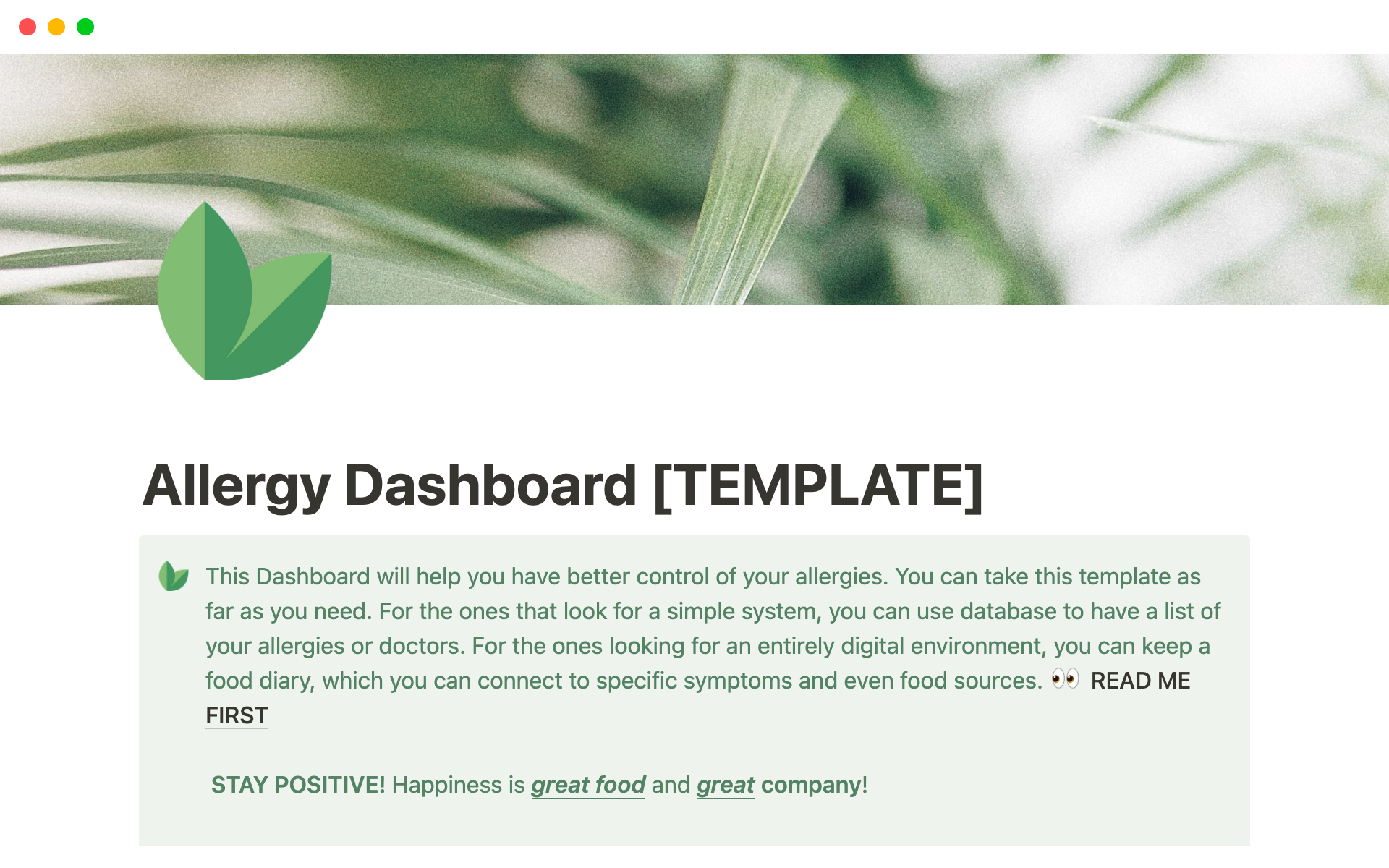 A template preview for Allergy Dashboard