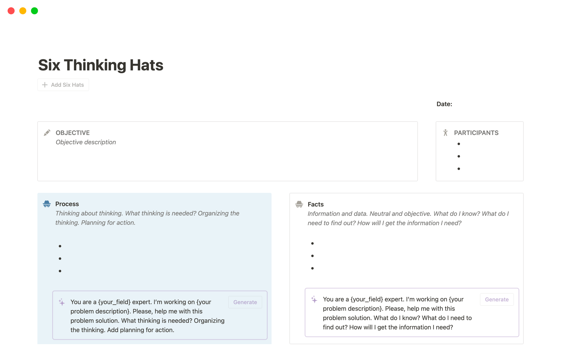 Enhance your problem-solving and decision-making with the Six Thinking Hats Notion Template, now with the added power of AI-driven insights.