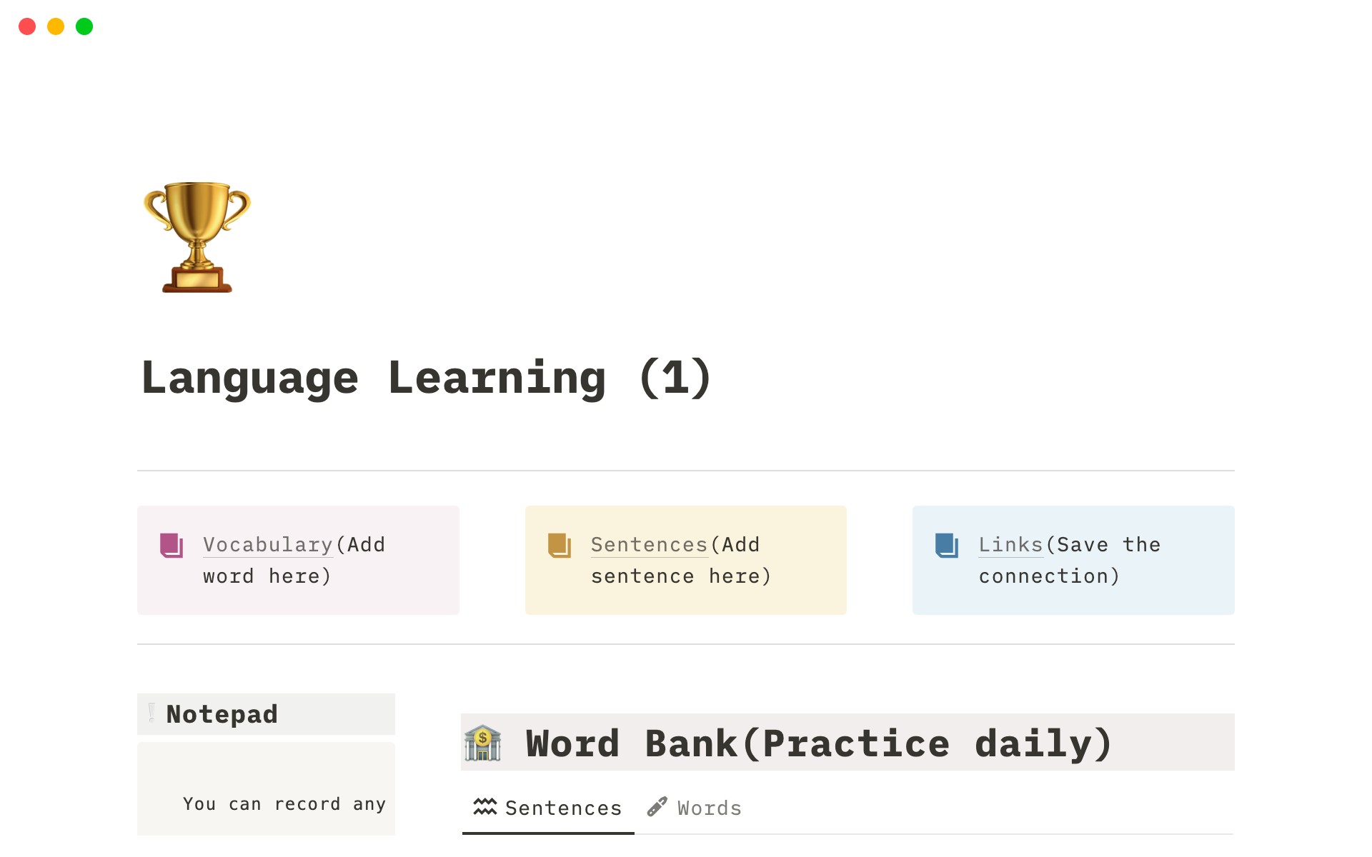 Language Learningのテンプレートのプレビュー