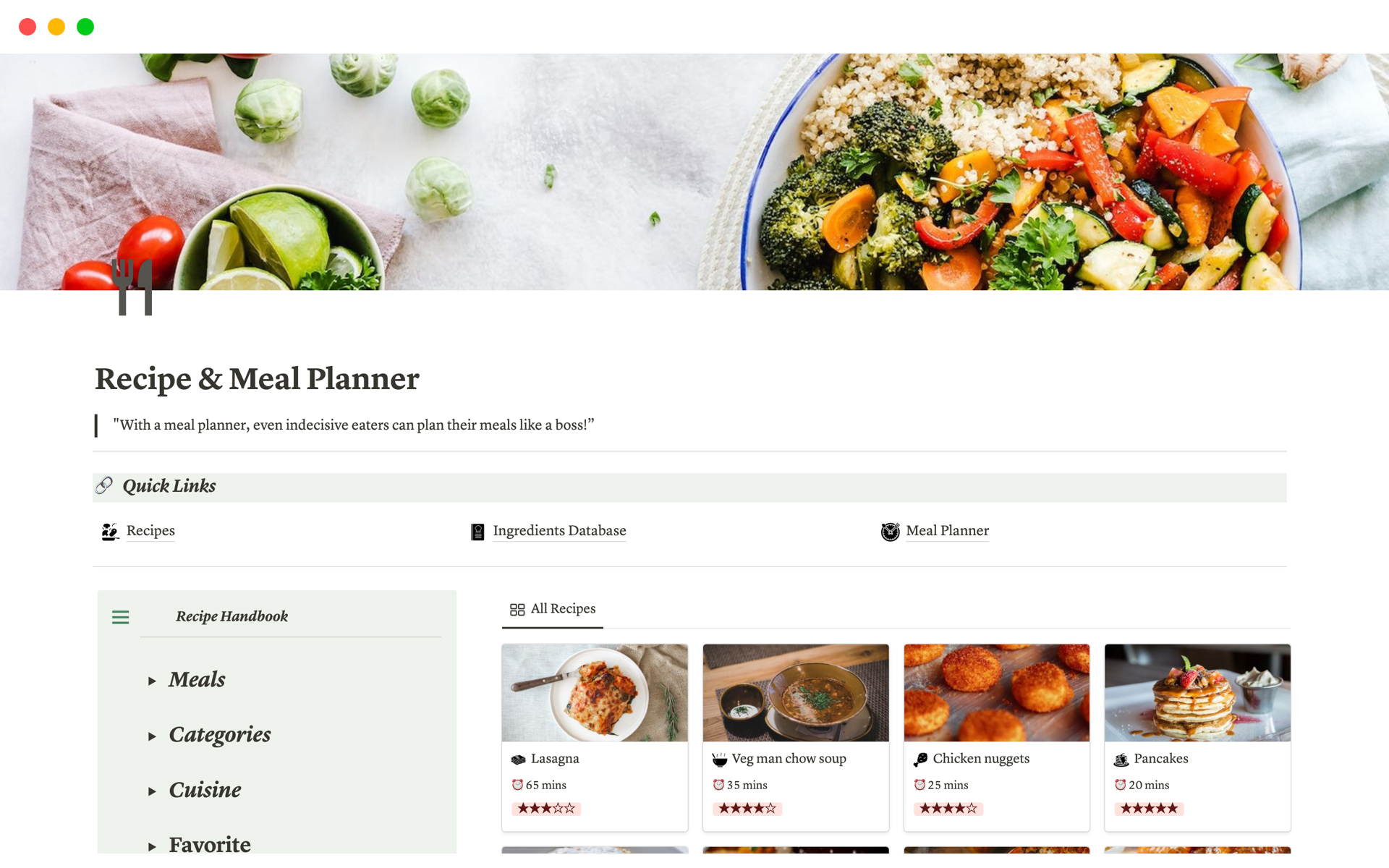 The Notion Recipe and Meal Planner Template is the ultimate tool for organizing and streamlining your meal planning and grocery shopping.

