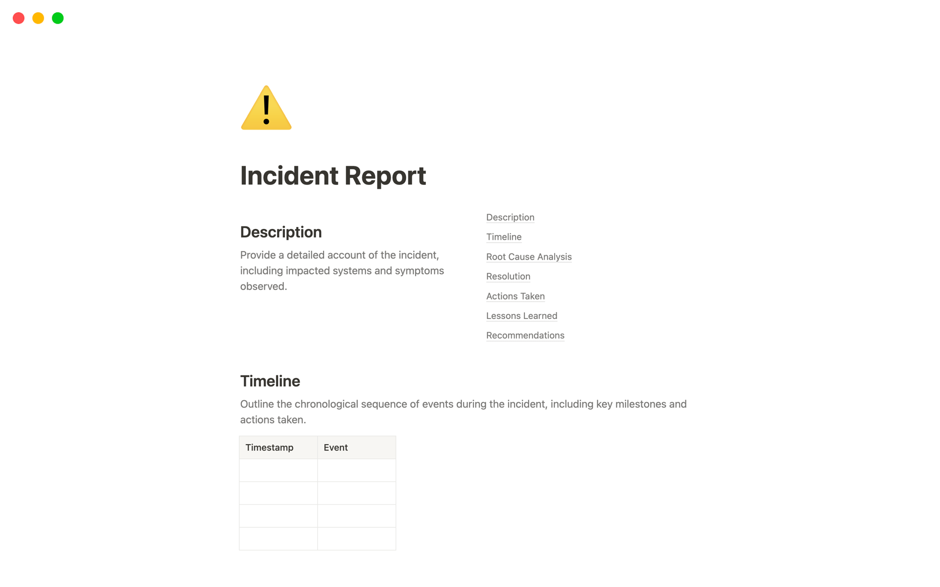 A template preview for Incident Report