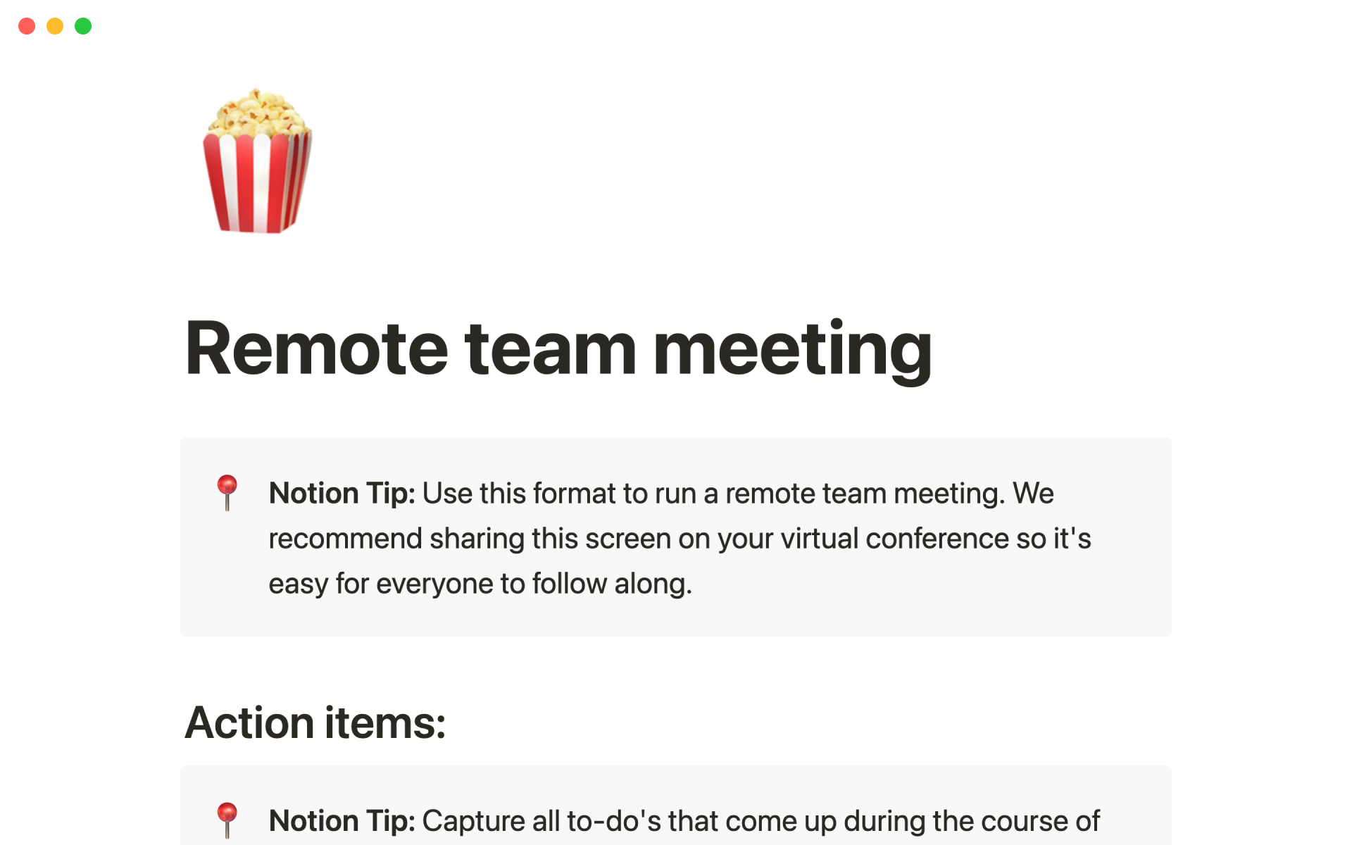 A template preview for Remote team meeting