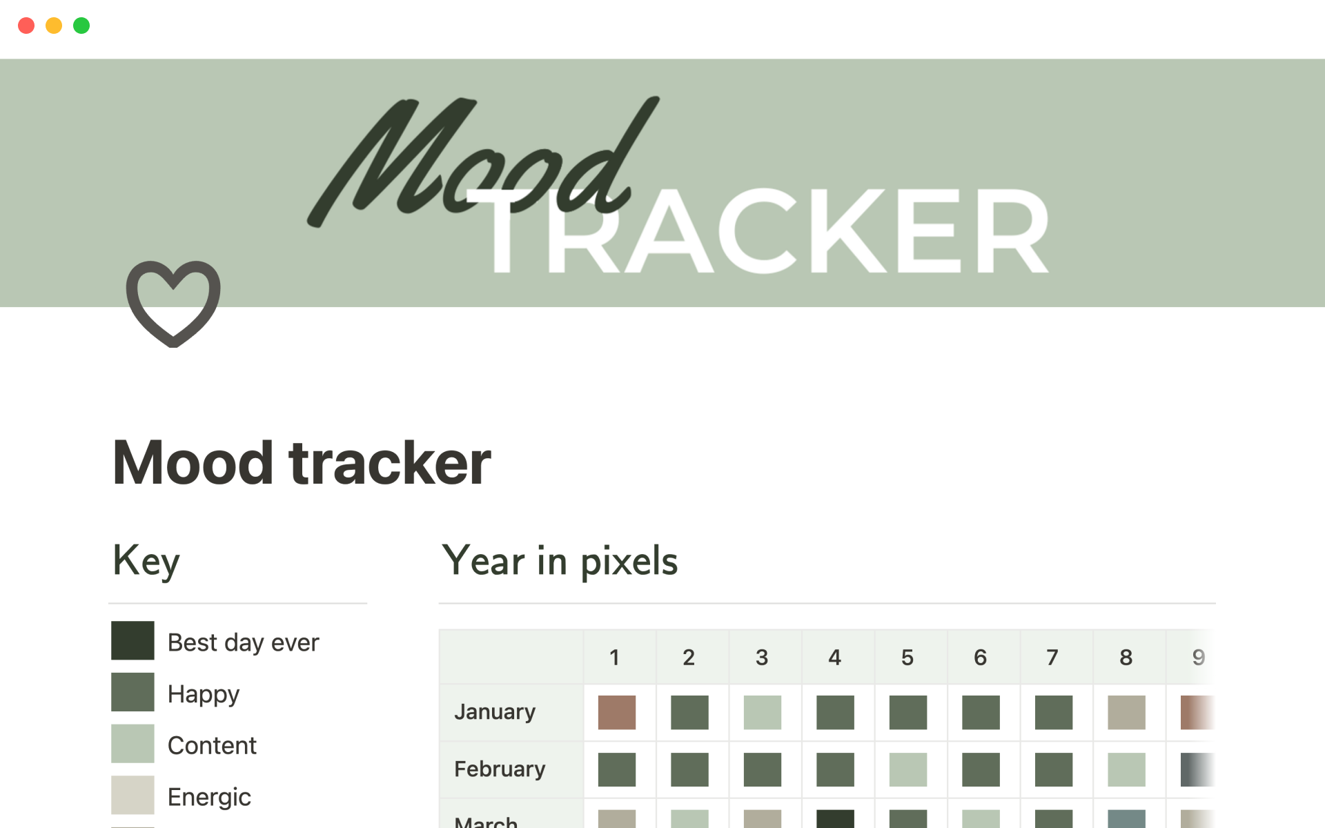 Mood trackerのテンプレートのプレビュー