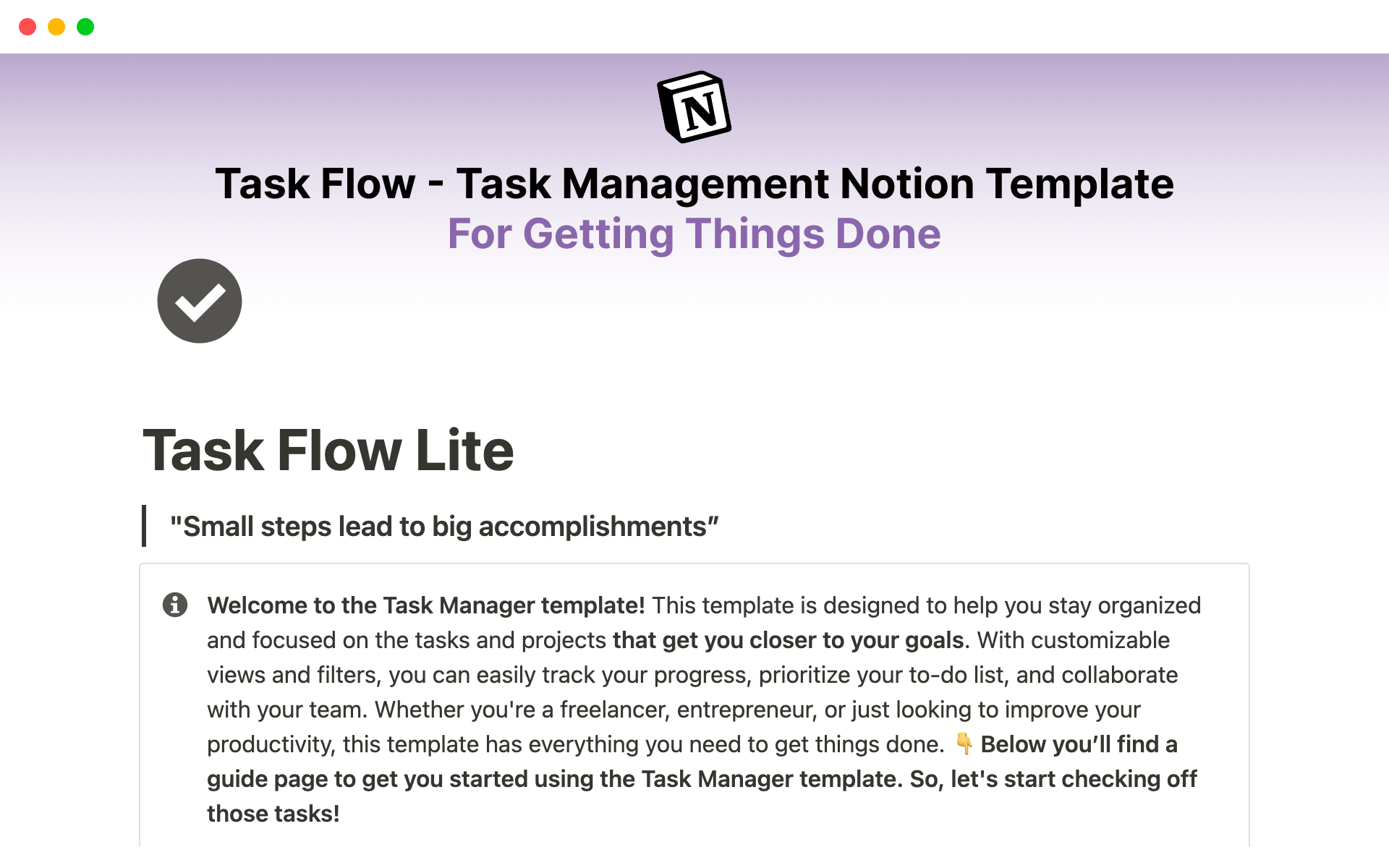 Eine Vorlagenvorschau für Task Flow Lite