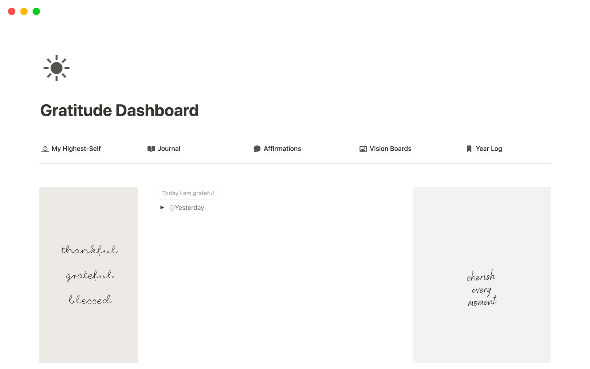A template preview for Gratitude Dashboard